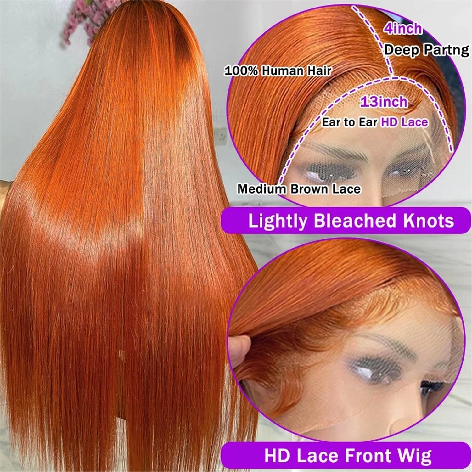 13x4 Straight Human Hair Lace Front Wig Ginger Yellow Density photo 3