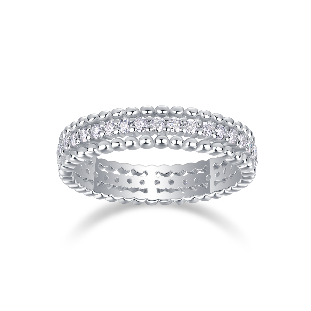 S925 Silver 2.4g Platinum Plated Moissanite Ring, 4.3mm Beaded & Pave Band, D VVS1 GRA US 5-9 photo 7