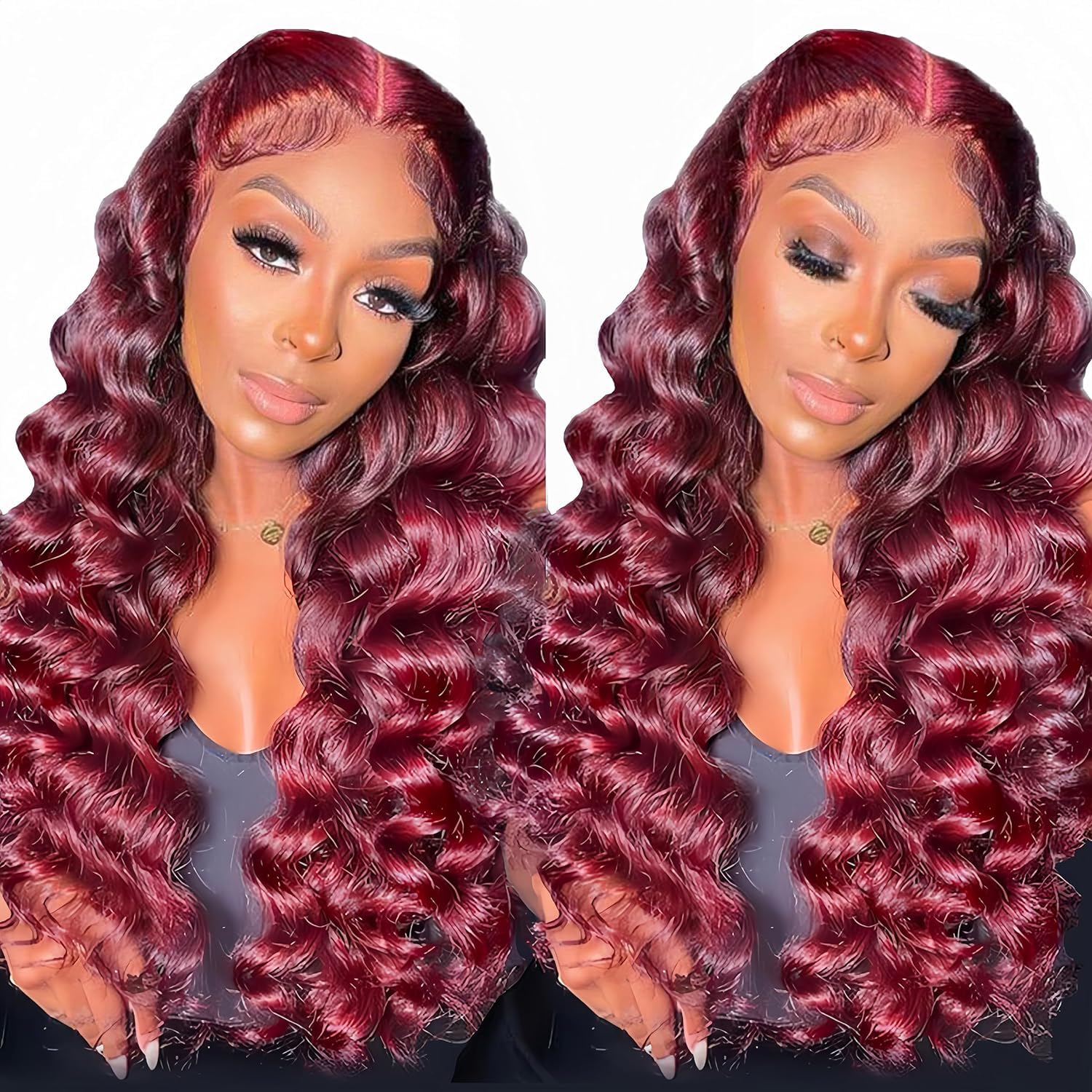 13x4 Lace Front Loose Wave Human Hair Wig Burgundy Red Density photo 5