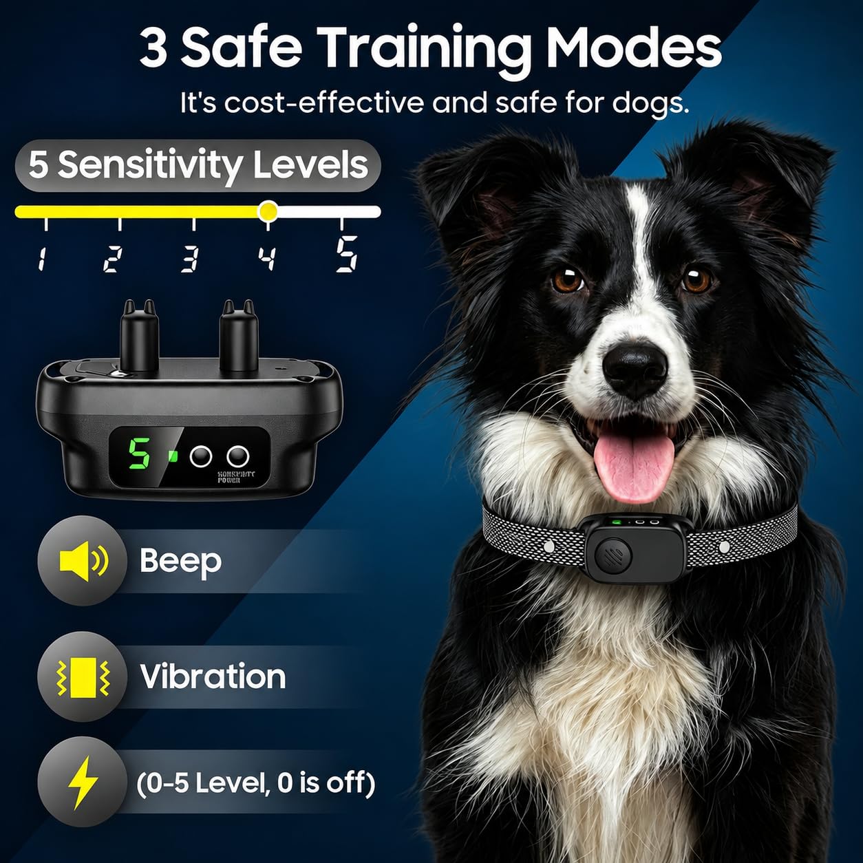 Dog Bark Collar, Automatic Bark Collar For Medium Large Dogs IP67 Waterproof Rechargeable Barking Collar With Beep Vibration & Shock, 5 Adjustable Sensitivity Levels photo 3