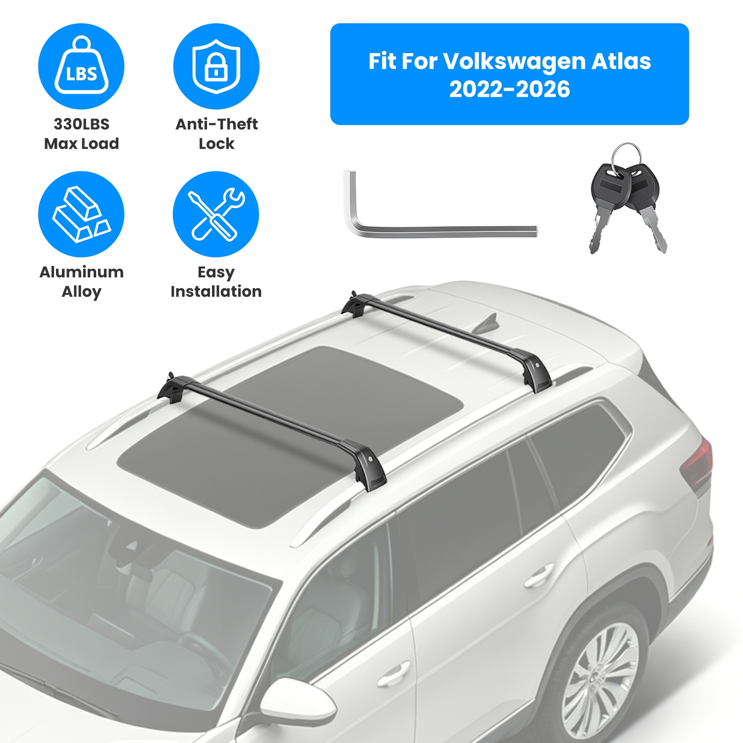 Roof Rack Cross Bars Fit For Atlas 2022-2026 With Factory Raised Side Rails Lockable Aluminum Roof Rack Crossbars With Locks Anti-Theft Cargo Carrier Bars 330lbs Max Load photo 1