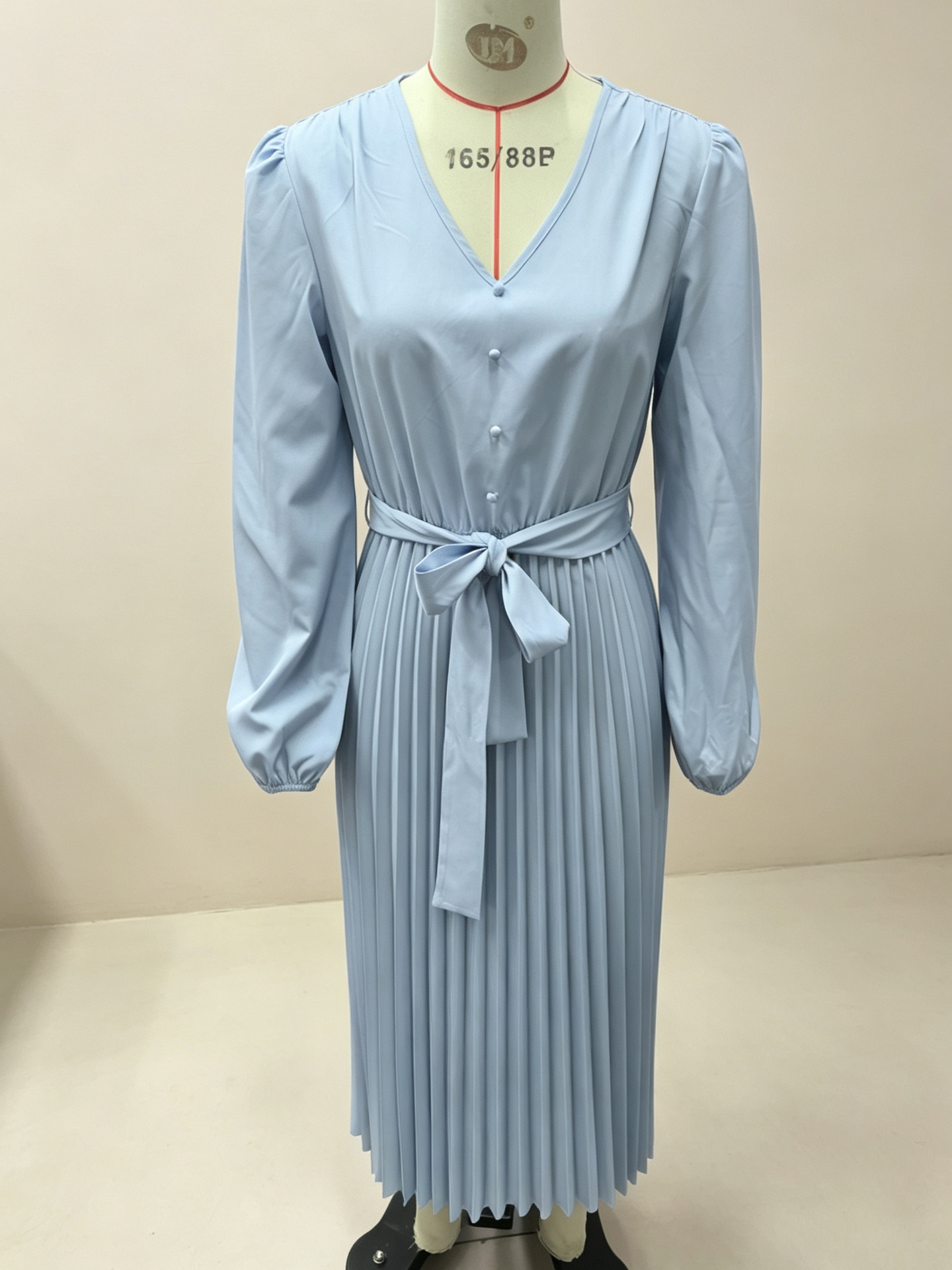 Amazon Cross-Border European And American Style Solid Color Slimming Pleated Skirt V-Neck Single-Breasted Waist-Cinching Loose Puff Long Sleeve New Style photo 2
