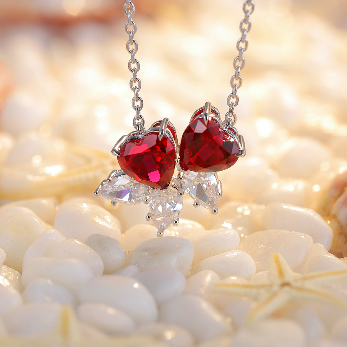 S925 Silver 4.1g Double Heart Lab-Created Gemstone Necklace, 7mm Pendant, 4 Colors, 40&5cm photo 7