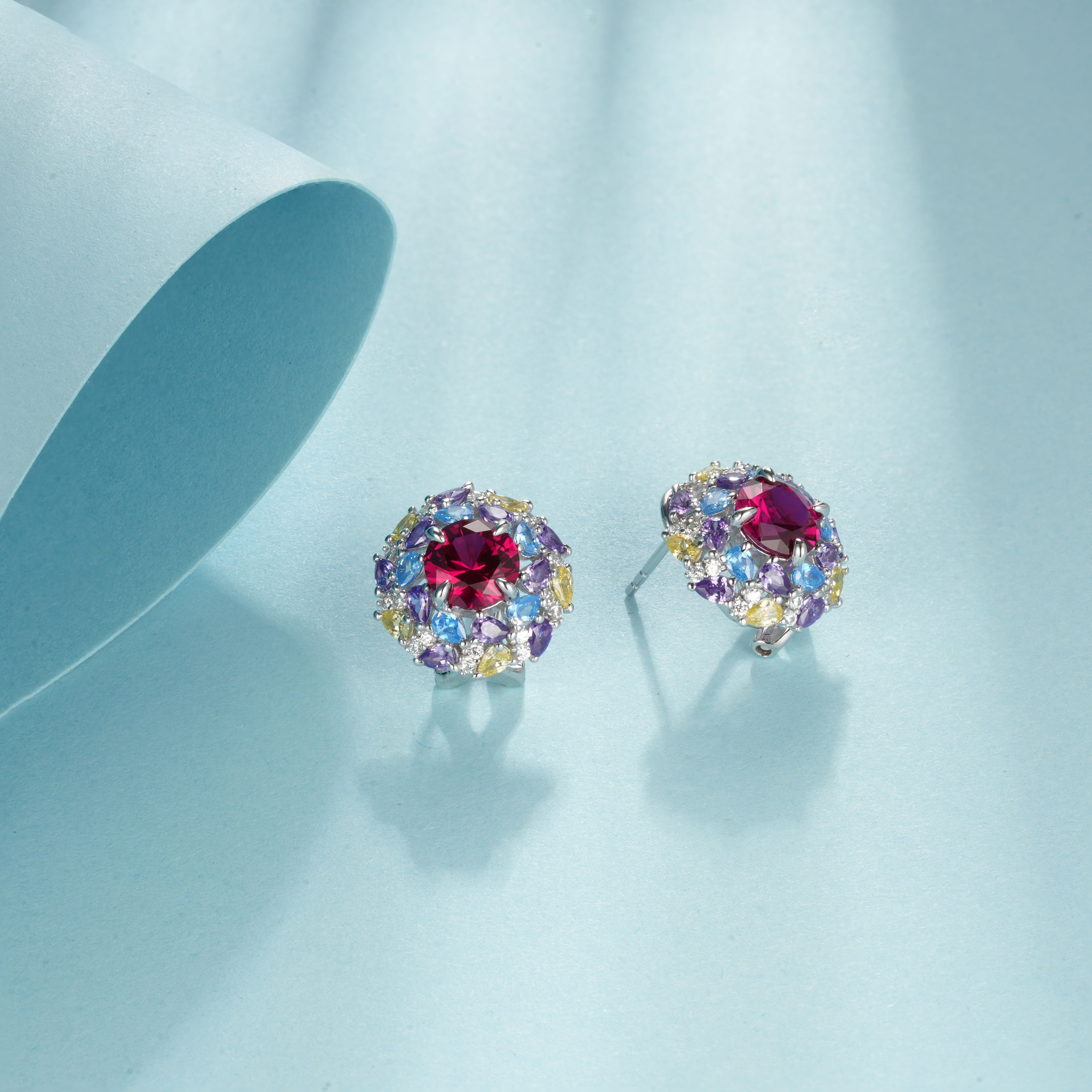 S925 Silver 6.5g 2ct Lab-Created Ruby Earrings, Multicolor Cluster, Pair photo 4