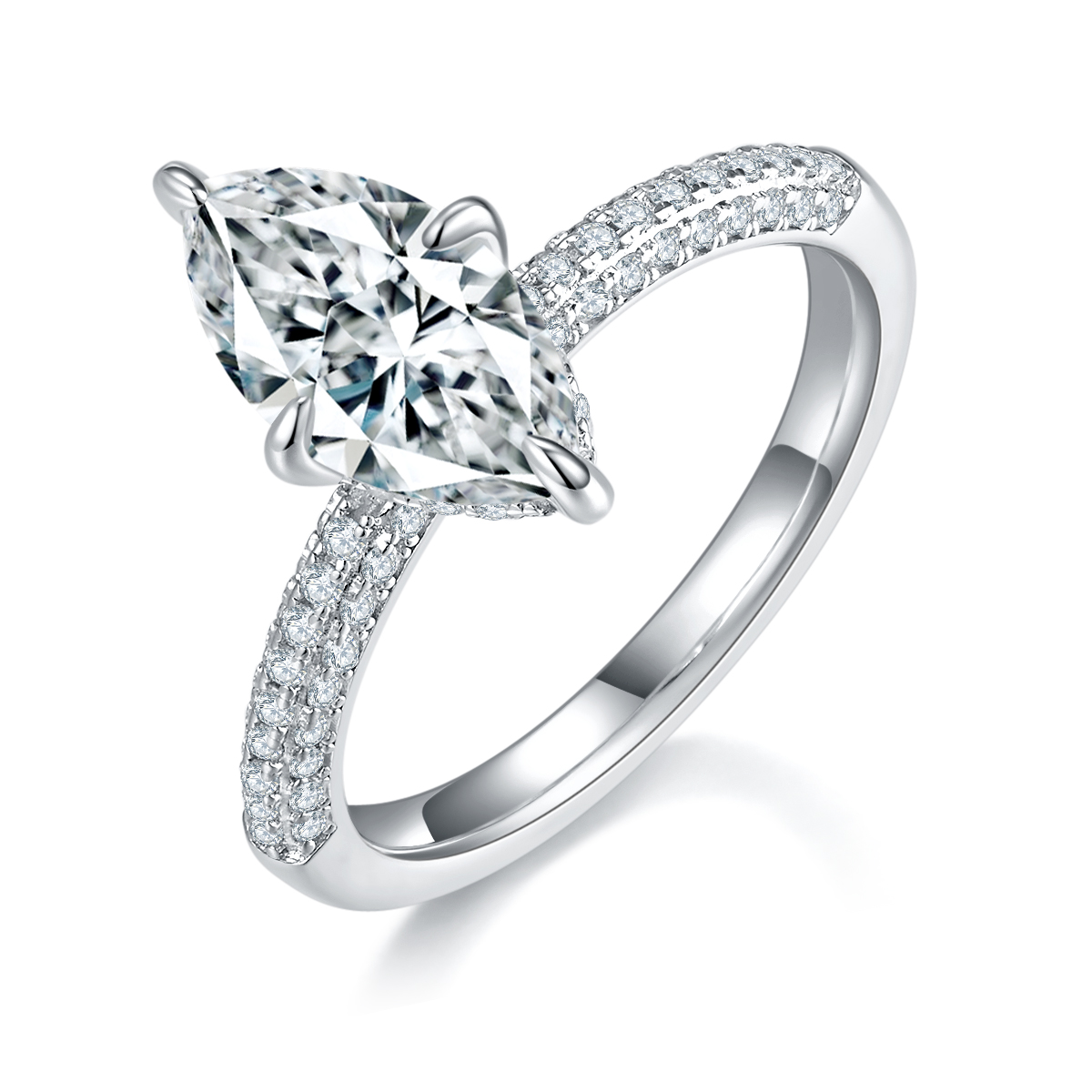 S925 Silver 3g Platinum Plated Marquise Moissanite Ring, 12x6mm 2.0ct D VVS1 Pave Band, GRA Certified US 5-9 photo 1
