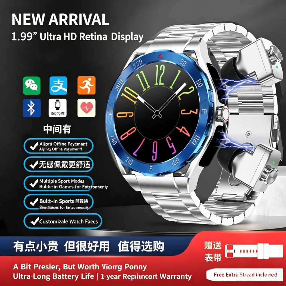 2-in-1 Smart Watch & Bluetooth Earphones, MP3 Player, Heart Rate Sleep Monitor Pedometer photo 3