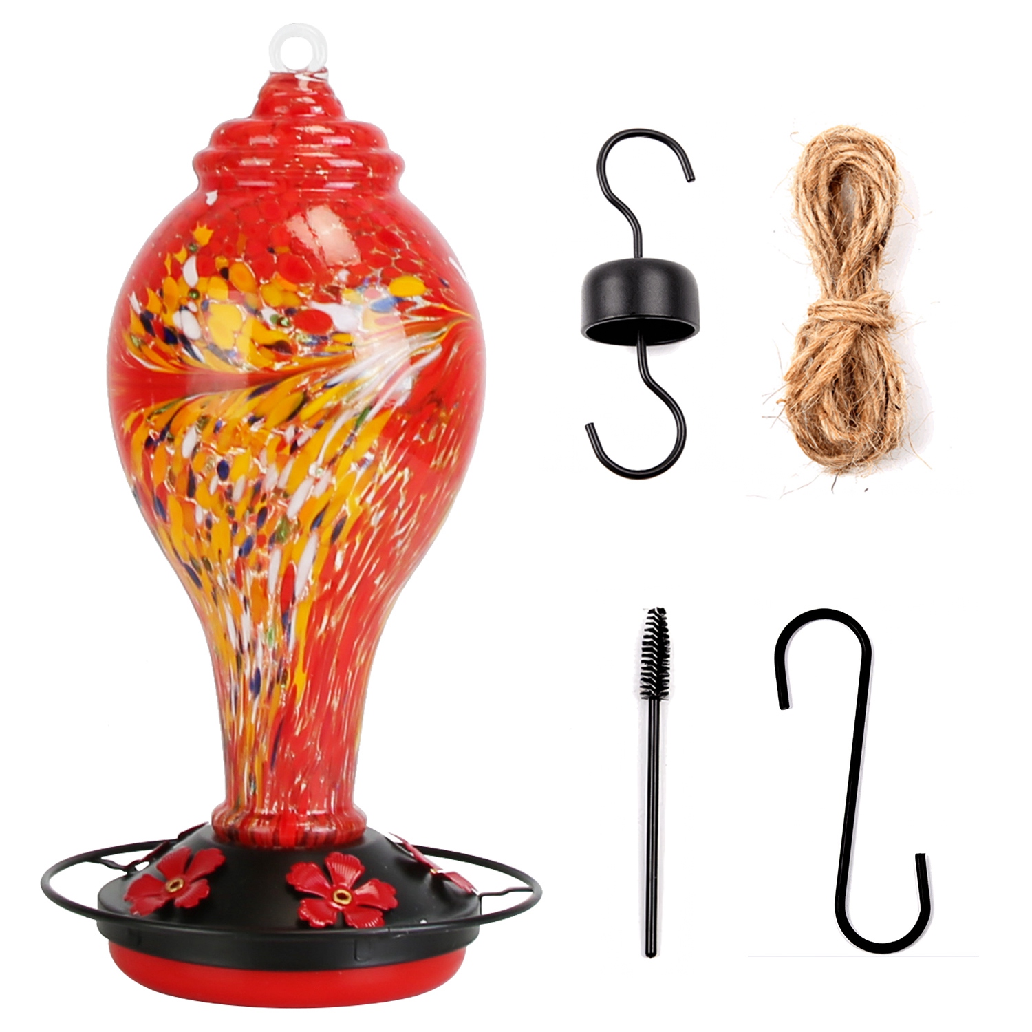 1Pc Glass Hummingbird Feeder 33OZ Hand Blown Hummingbird Feeder With 5 Flower Feeding Port Perch Ant Moat Hanging Hook S Hook Hemp Rope Cleaning Brush For Garden Decor photo 3