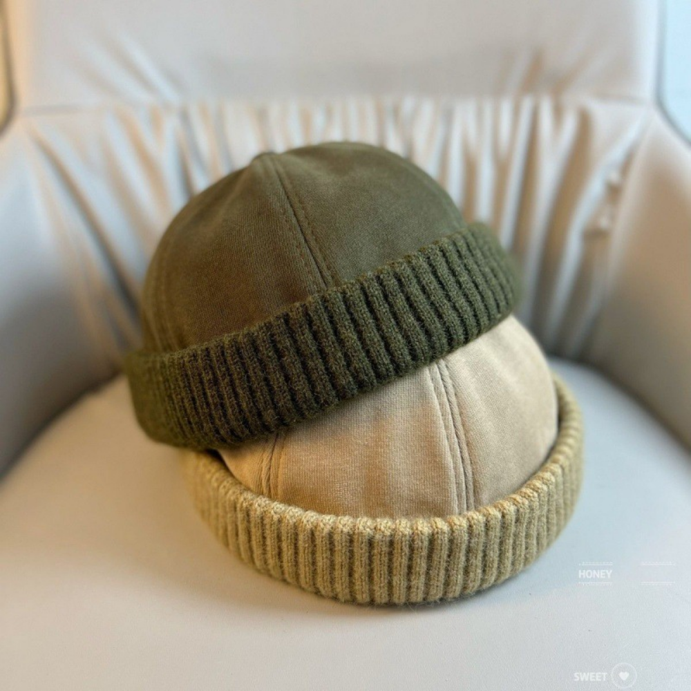 Patchwork Knitted Rolled-edge Vegetable-pulp Hat For Autumn And Winter, Made Of Cotton, With A Retro And Simple Design, Suitable For Workwear, Without A Brim, For A Lord-like Look photo 4