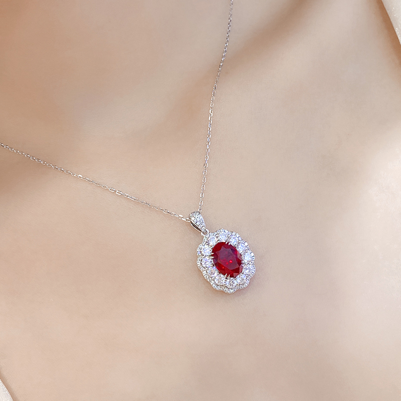S925 Silver 5.2g Lab-Created Ruby Necklace, 10x7mm Halo Pendant, 40&5cm, GRA Certified photo 7