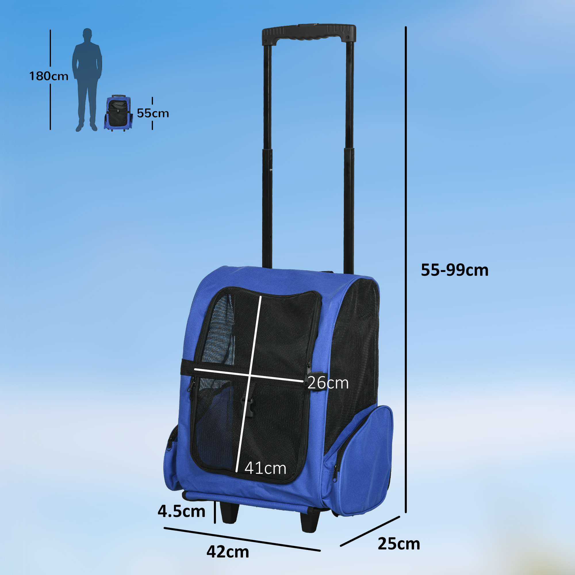 2 In 1 Pet Carrier Trolley And Backpack With Extendable Handle And Wheels Lightweight Oxford Travel Bag For Dogs Cats photo 5