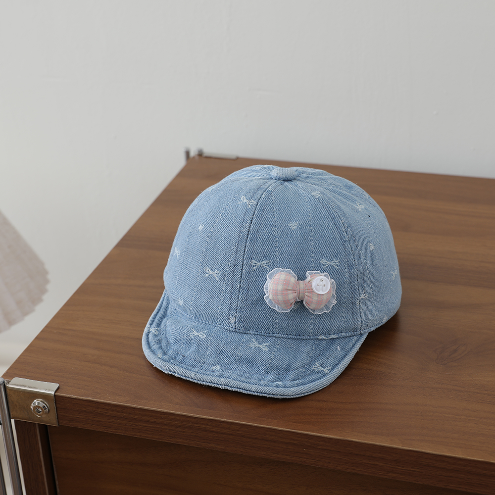 Striped Lace Bow Girl's Denim Baseball Cap, Baby-sized, Washed, Jacquard, Frayed, Heart-shaped Soft Brim Hat photo 2