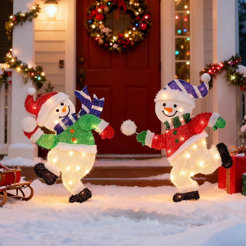 Set Of 2 Lighted Snowmen Christmas Decorations, Pre Lit 2D Tinsel Cute Snowman Snowball Fight With Lights, Light Up Plug In For Indoor Outdoor Xmas Winter Holiday Yard Lawn Garden Decor photo 1