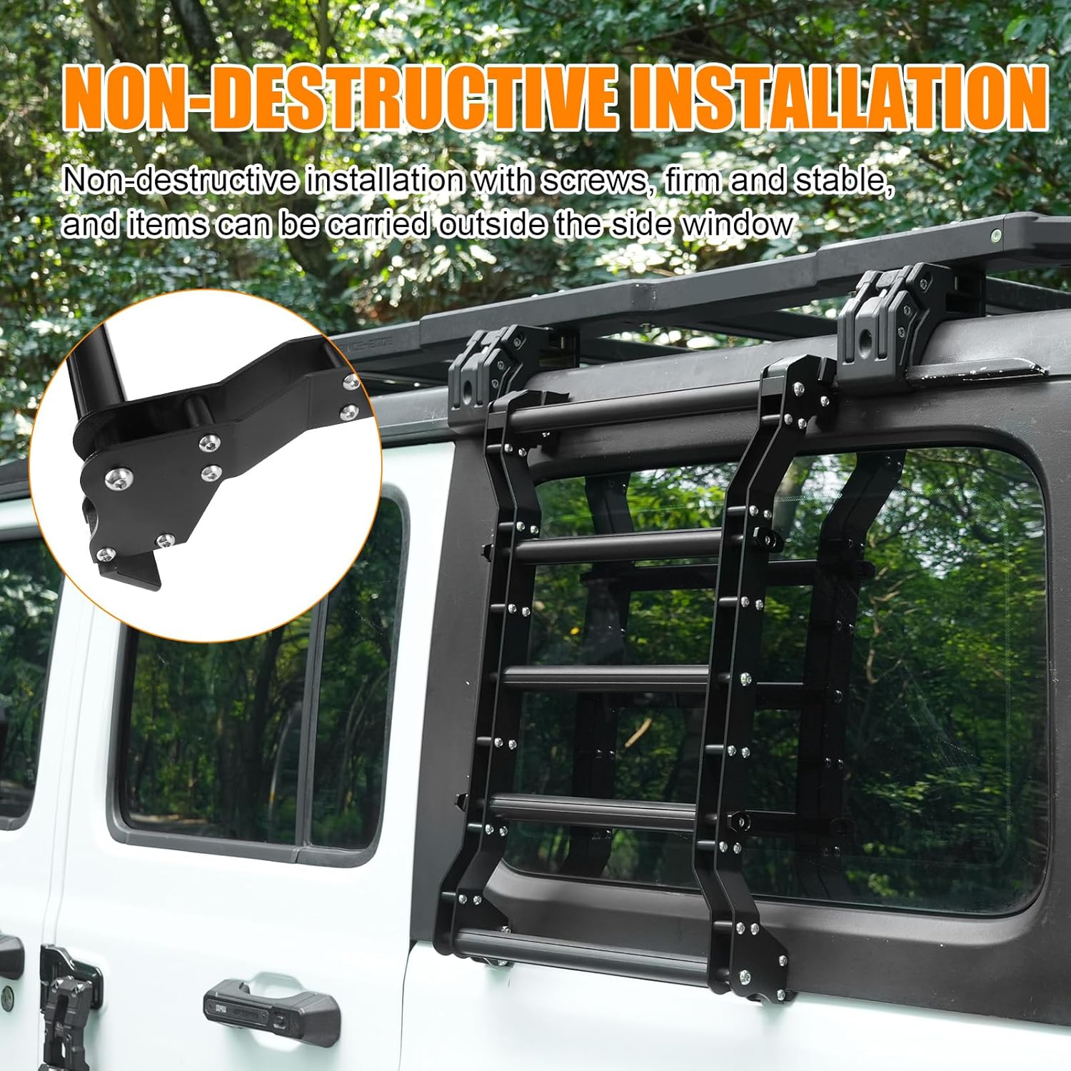 Rear Window Ladder Compatible With 2018-2025 Je Ep Wrangler JL JLU 2 Door 4 Door, Heavy Duty Aluminum Alloy Roof Access Ladder Rack, 200LBS Load Capacity Multifunctional Flank Luggage Ladder Kit photo 4