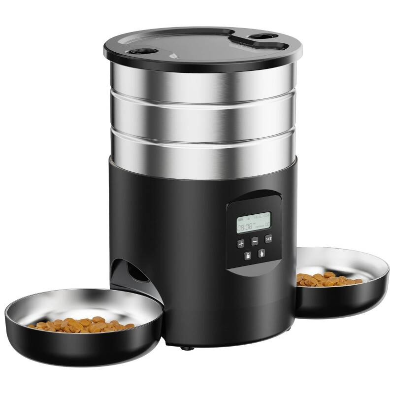 Dual Bowl Automatic Cat Feeder For Two Cats With Stable Anti Slip Design And Programmable Timer Offering One To Ten Portions Per Meal Transparent Locking Lid And Smart Dispenser For Both Dry And Wet F photo 1
