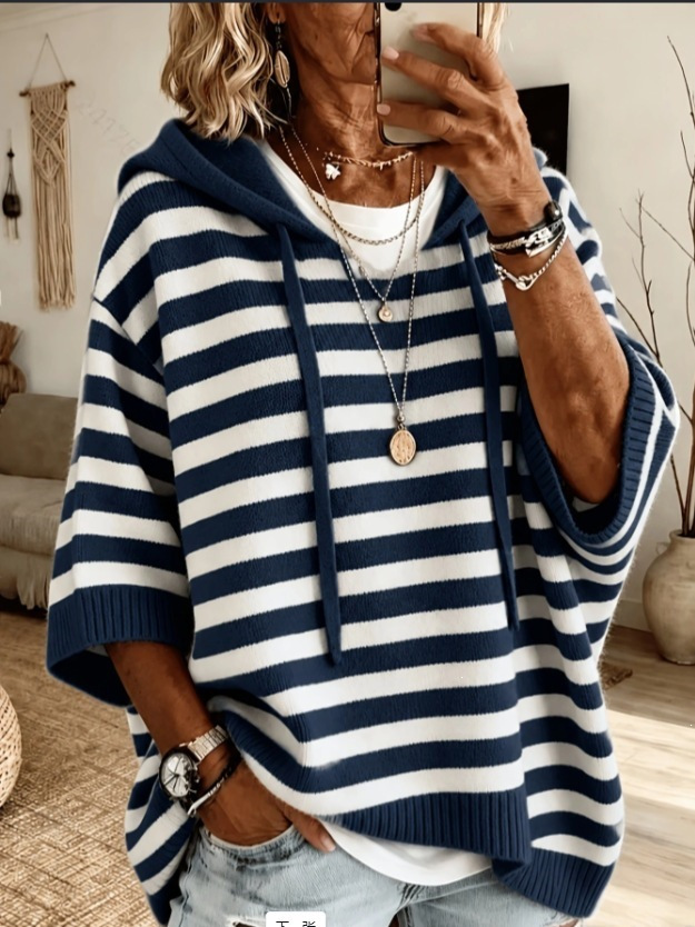 Women's Striped Hooded Knit Pullover - Loose Plus Size 3-4 Sleeve Drawstring Casual Outer Top photo 5