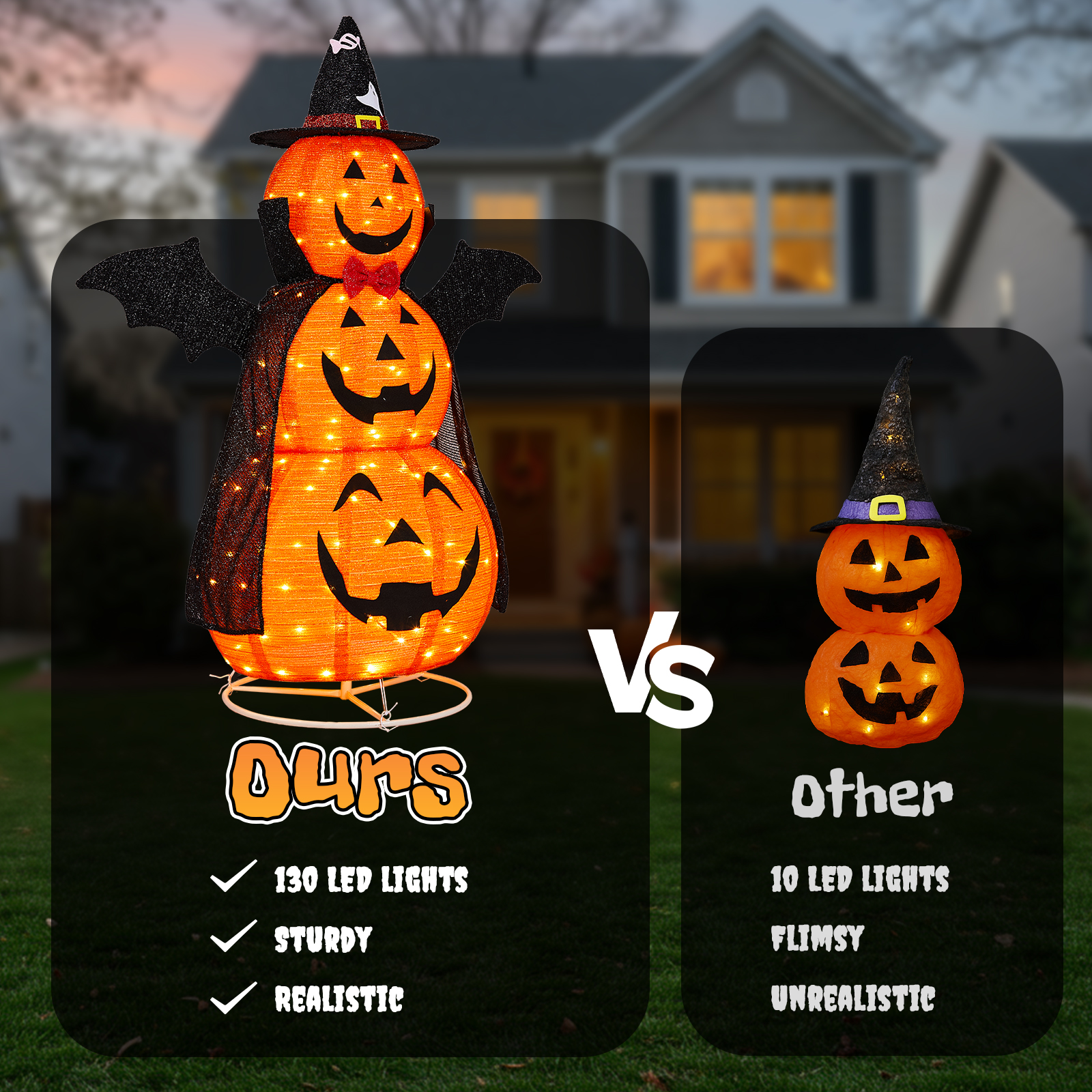 5ft Orange 3-Tier Retractable Fabric Pumpkin Halloween Light Decor With Cape & Wings,130 Warm White LED String Lights,4.5V 3.6W photo 7