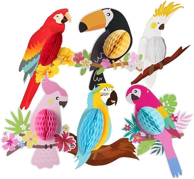 6-Piece Tropical Parrot Honeycomb Paper Birds Hawaiian Luau Beach Summer Party Decorations photo 5