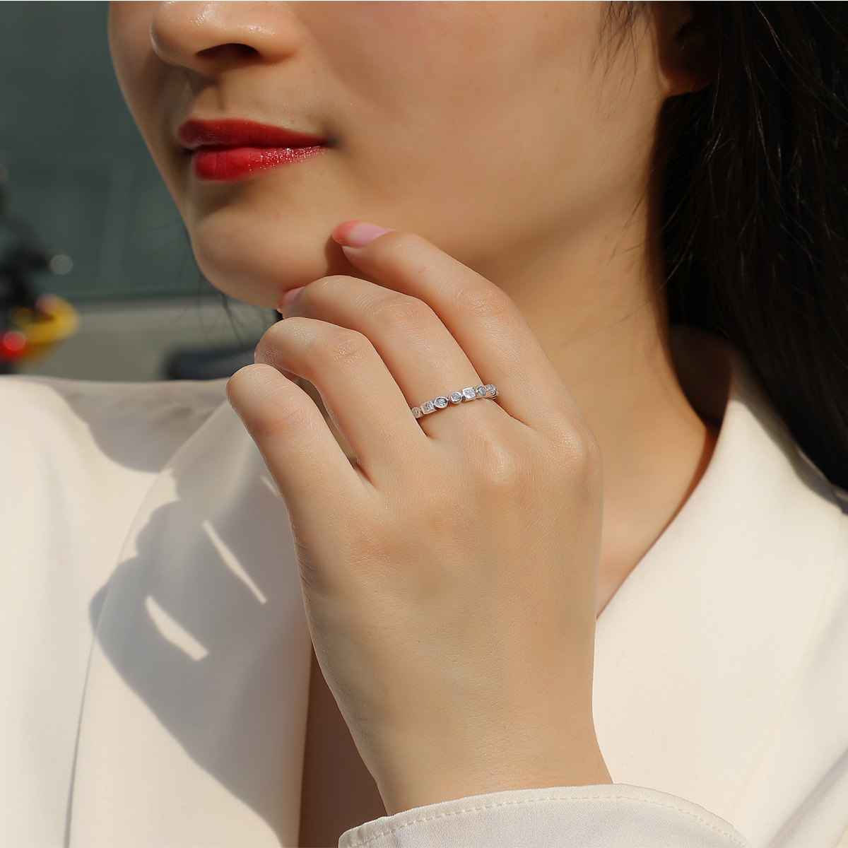 S925 Silver 2.0g Platinum Plated Moissanite Ring, Alternating Round & Square Bezel Set Half Eternity Band, GRA Certified US 5-9 photo 2