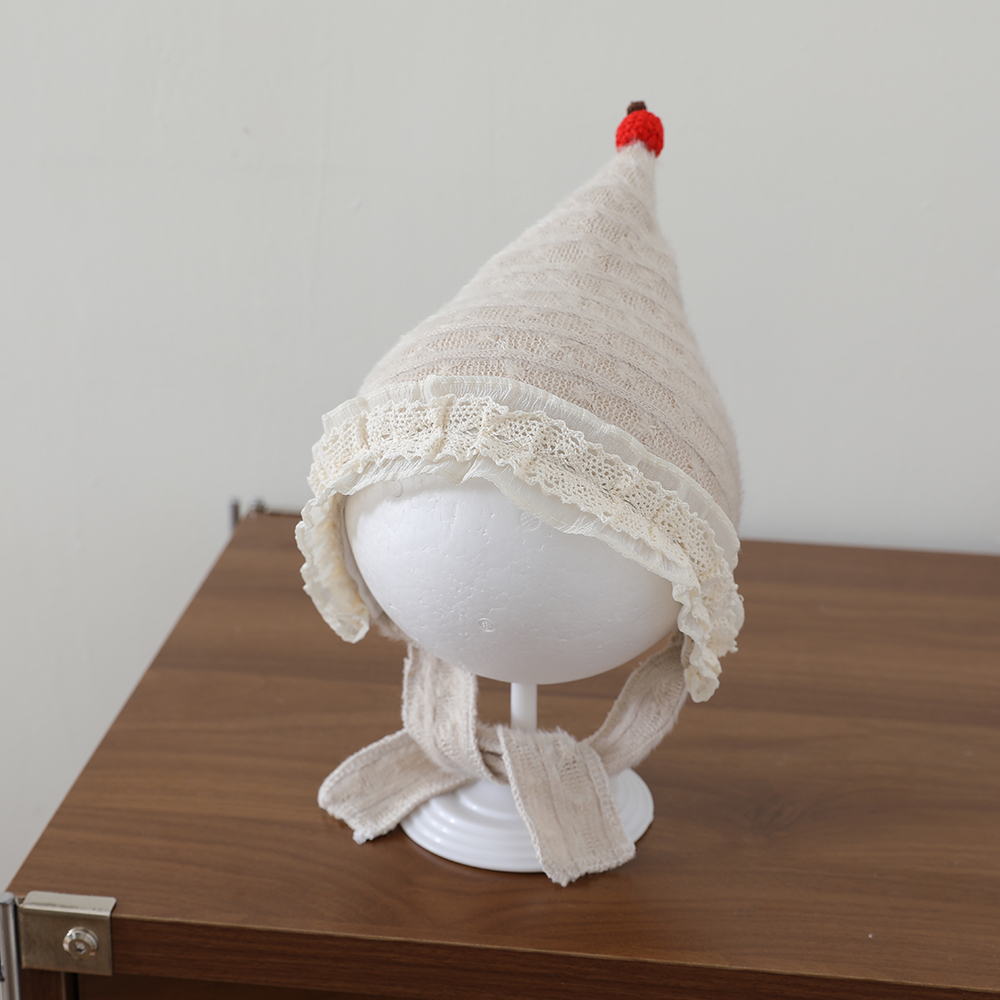 Sweet Style Baby Plush Pointed Hat With Baby Lace Trim And Drawstring Ear Protectors, Outdoor Warm Knitted Hat photo 5