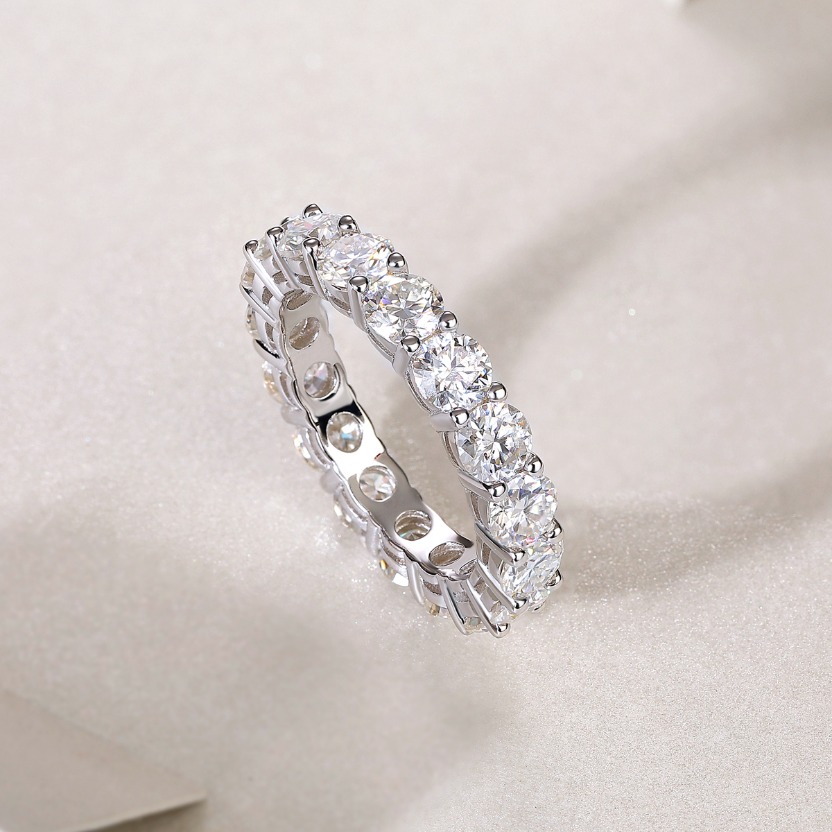 S925 Silver 3.6g Platinum Plated Moissanite Eternity Ring, 4.0mm 17 Stones D VVS1, GRA Certified US 5-9 photo 3