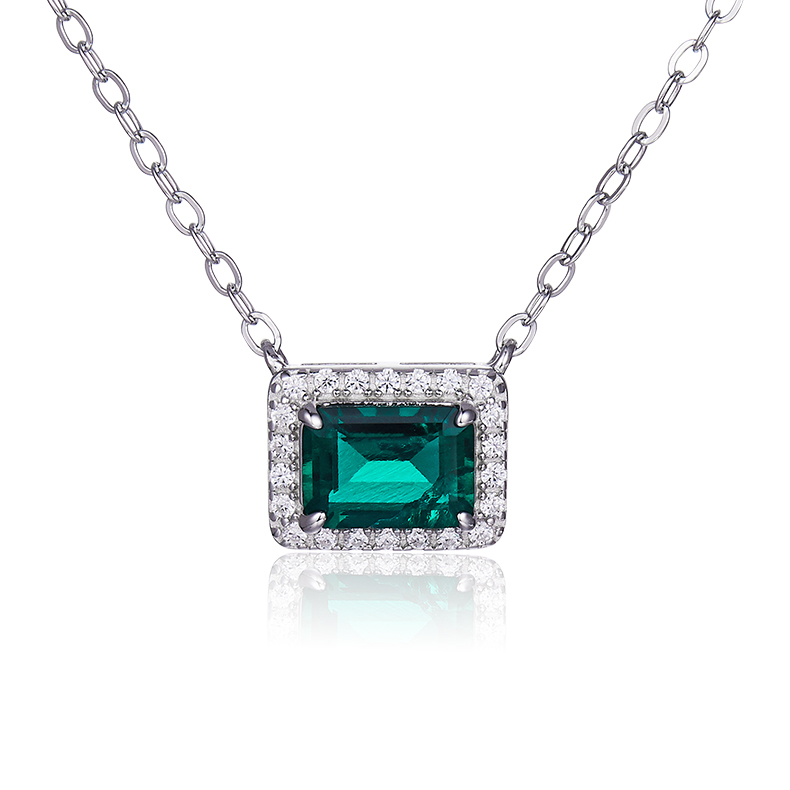 S925 Silver 2.4g 0.9ct Lab-Created Emerald Necklace, 7x5mm Halo Pendant, 40&5cm photo 1