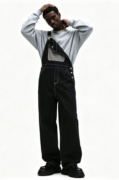 Black Denim Overalls Men Asymmetric One Shoulder Baggy Wide Leg Streetwear Jumpsuit US Ready Stock photo 2