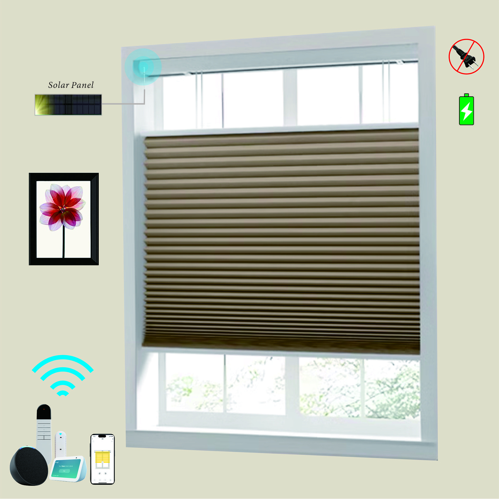 Raised Flag Day-Night Shade With Remote Control And Solar Panel-Full Blackout Motorized Shades For Home And Office-Cordless Organ Shade-Cordless Cellular Shade-Khaki photo 7