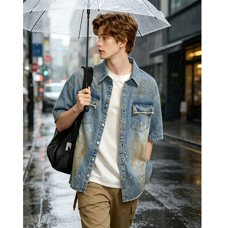 Oversized Denim Shirt Men Vintage Distressed Short Sleeve Streetwear Jean Top Ready To Ship From US photo 1