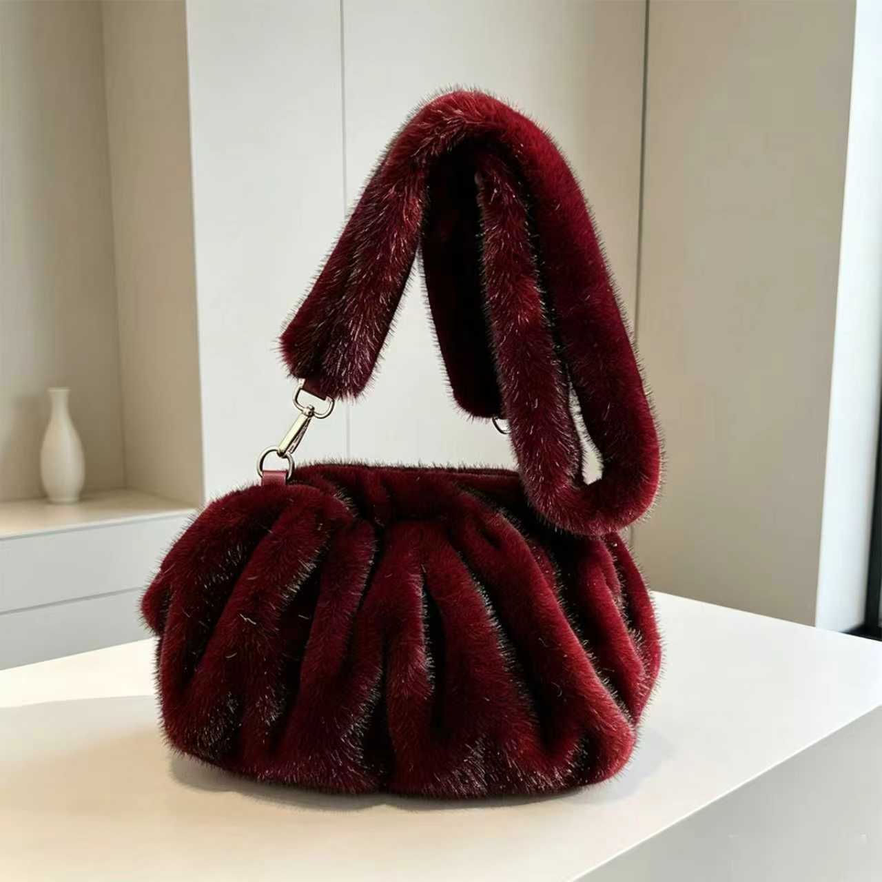 2026 New Plush Shoulder Bag For Women, Fashionable Imitation Mink Fur Pleated Cloud Bag, Autumn And Winter Versatile Crossbody Bag - Burgundy Color photo 1