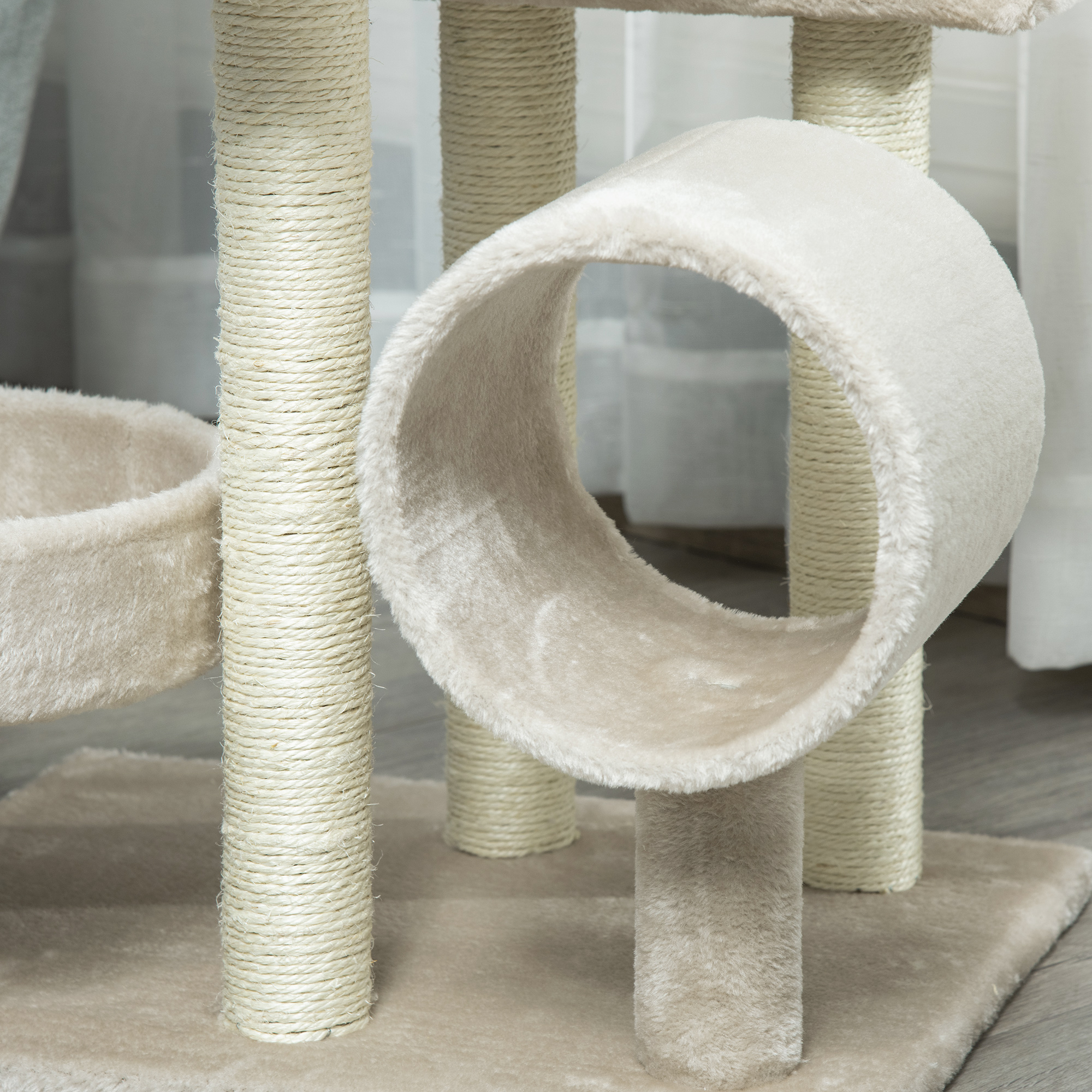 PawHut Cat Tree For Indoor Cats Kitten Pet Scratching Post Perch Activity Center Scratcher Climb Post Play House Arch With Tunnel 105cm Tall Beige photo 8