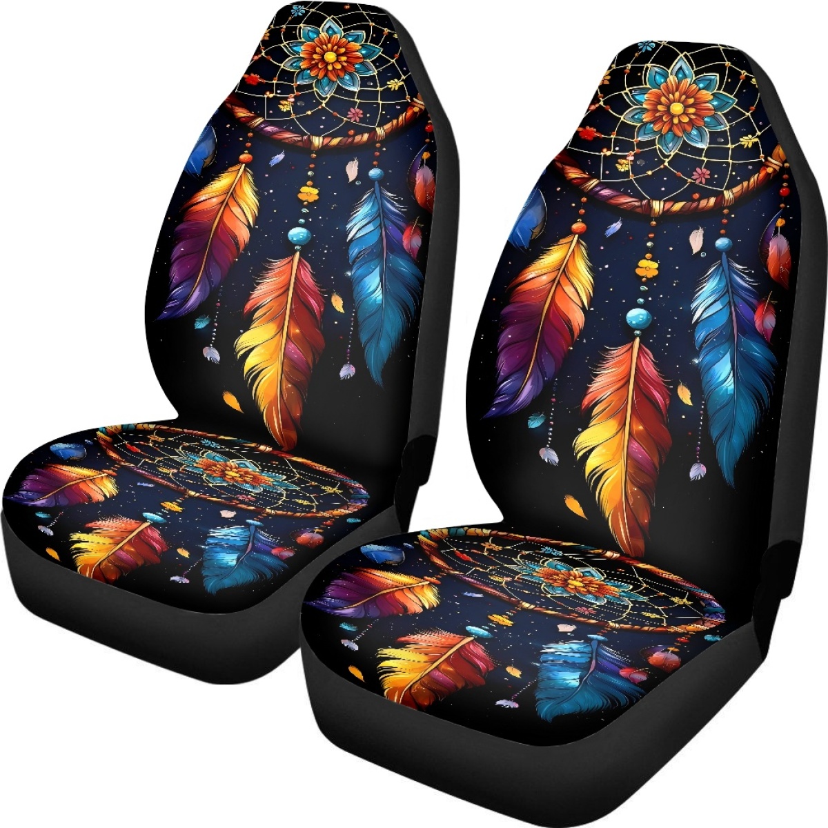 2 Front Car Seat Covers, Digitally Printed With Feather Patterns, Thin, Suitable For All Seasons, Fashionable Car Seat Covers photo 4