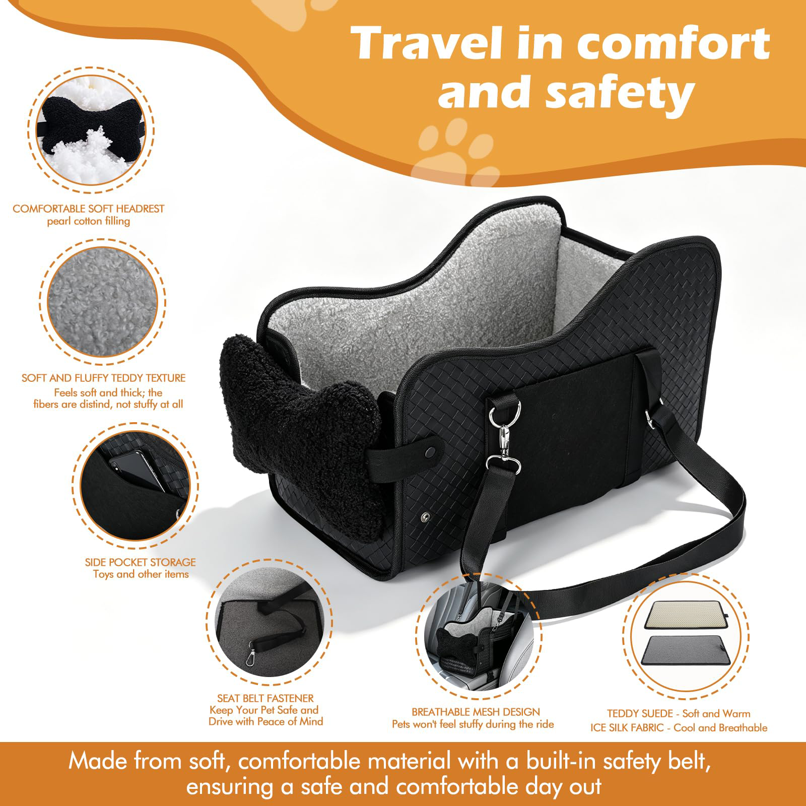 Center Console Dog Car Seat For Small Dogs, Dog Booster Seat To 15lbs Portable Puppy Car Seat With Adjustable Straps, Storage Pocket, Anti-Collapse, Washable Reversible Seat Cushion Black photo 7