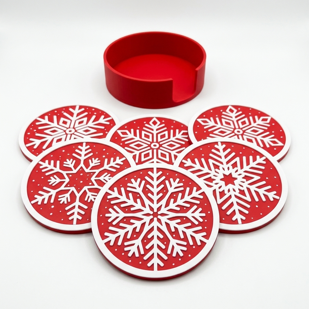 3D Printed Christmas Snowflake Coaster Set With Storage Holder, Holiday Drink Coasters For Home Table Decor photo 2