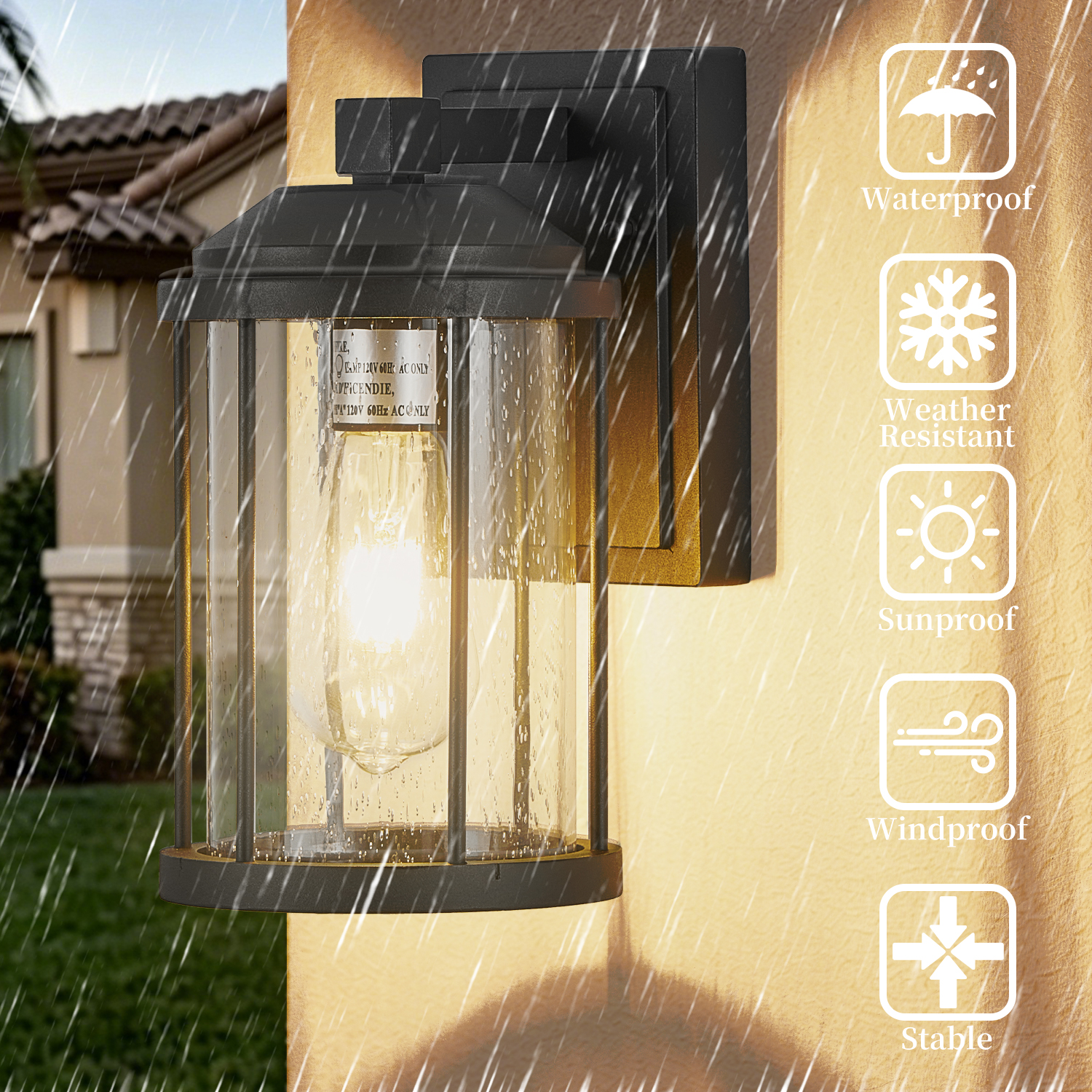 Outdoor Wall Sconces 2 Pack, Exterior Light Lantern Fixtures, Porch Light Lamps Outdoor Wall Mounted in Black Finish with Seeded Glass for House, Garage, Patio, Yard, Garden photo 8
