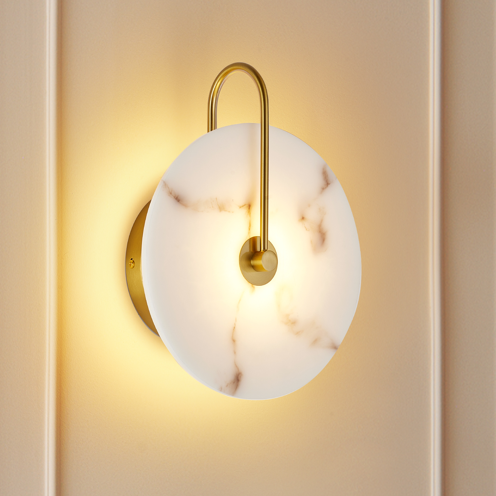 Round Alabaster Wall Sconce, Natural Marble Lampshade Wall Sconce, Hardwired Circular Sconce LED Modern Wall Lamp for Bedroom, Stairs, Living Room, Bedside, Hallway 9.8 Inch Gold photo 1