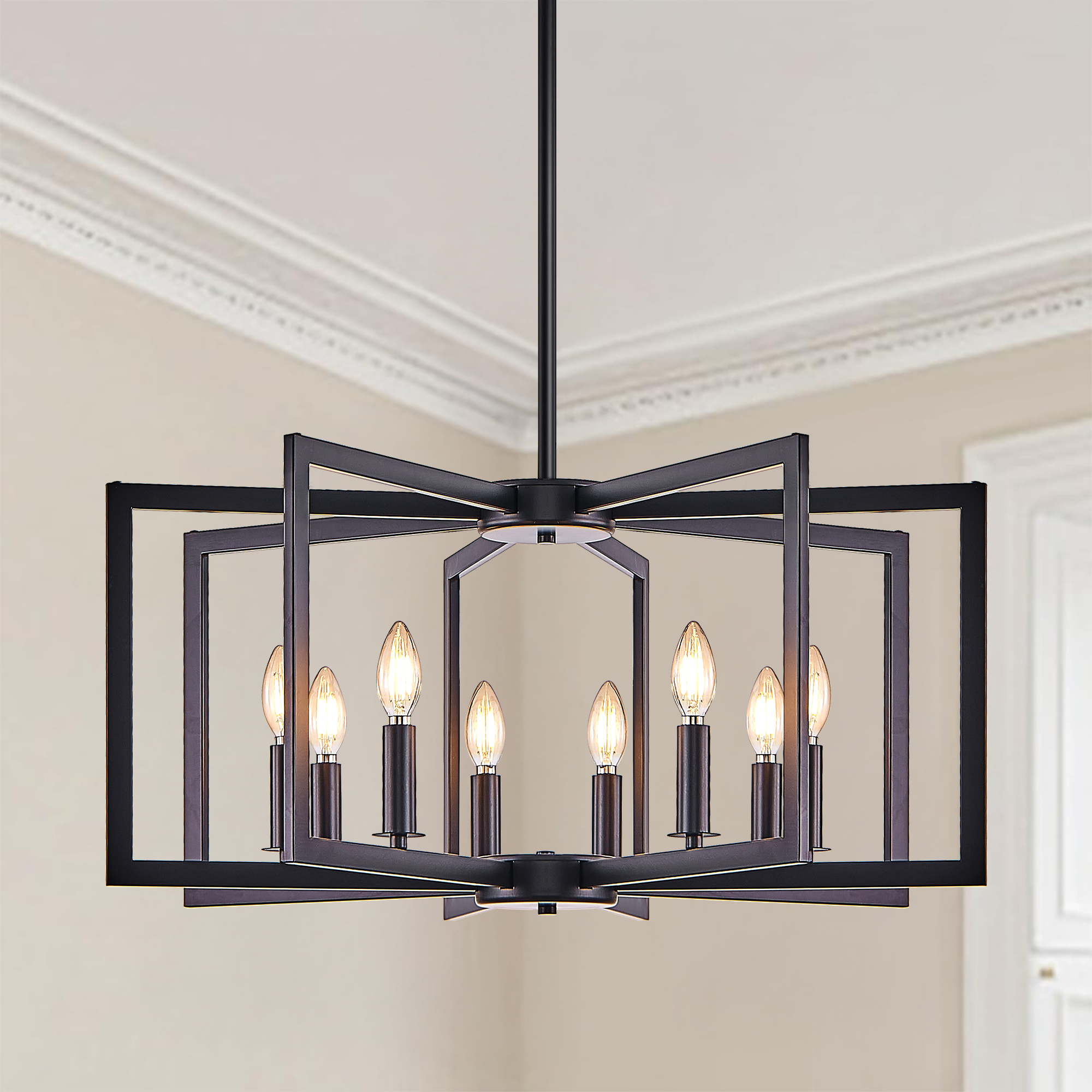 27" Modern Black Geometric 8-Light Chandelier – Industrial Metal Pendant Light Fixture for Living Room, Dining Room, or Kitchen (Bulb Not Included) photo 4