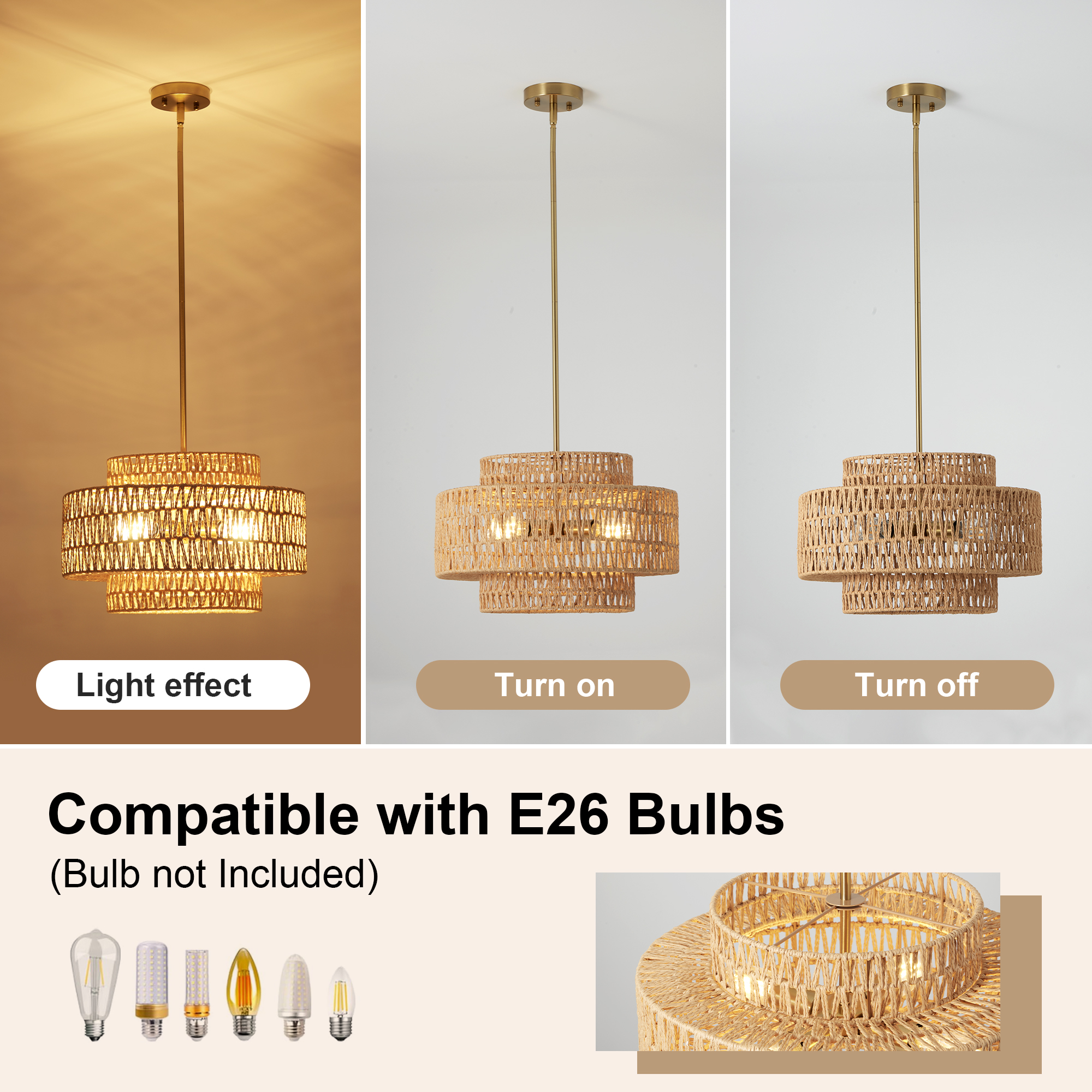 17.7" Boho Rattan Chandelier for Dining Room Light Fixture, 4-Light Hand Woven Wicker Pendant Light Fixture, Farmhouse Rustic Hanging Chandelier for Dining Room, Kitchen Island, Living, Bedroom photo 4