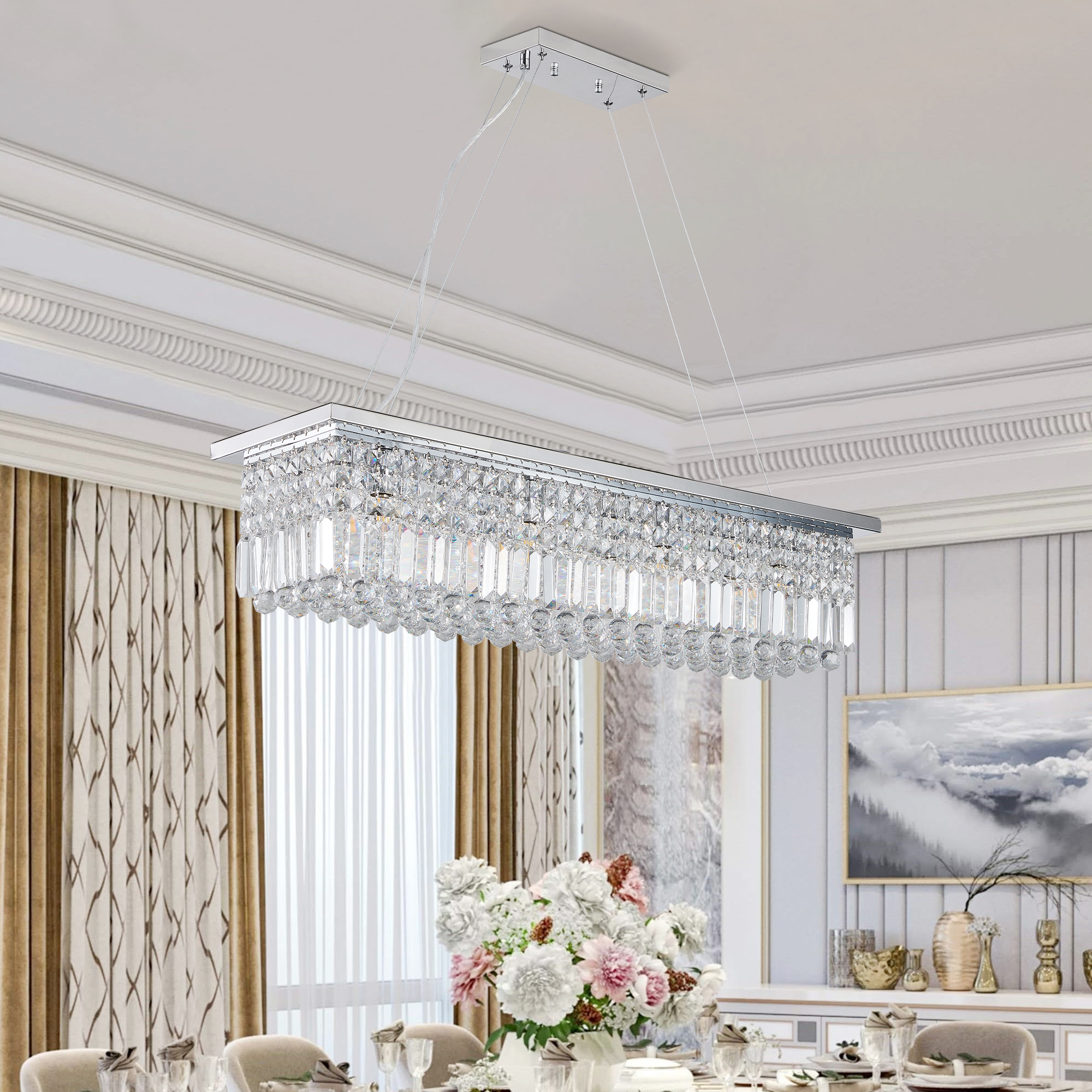 Modern Crystal Chandelier for Dining Room 8-Light White Rectangle Raindrop Chandelier Contemporary Rectangular Pendant Light Fixture for Kitchen Island Bar L39.4'' x W9.8'' x H8.7'(Bulb Not Included) photo 2