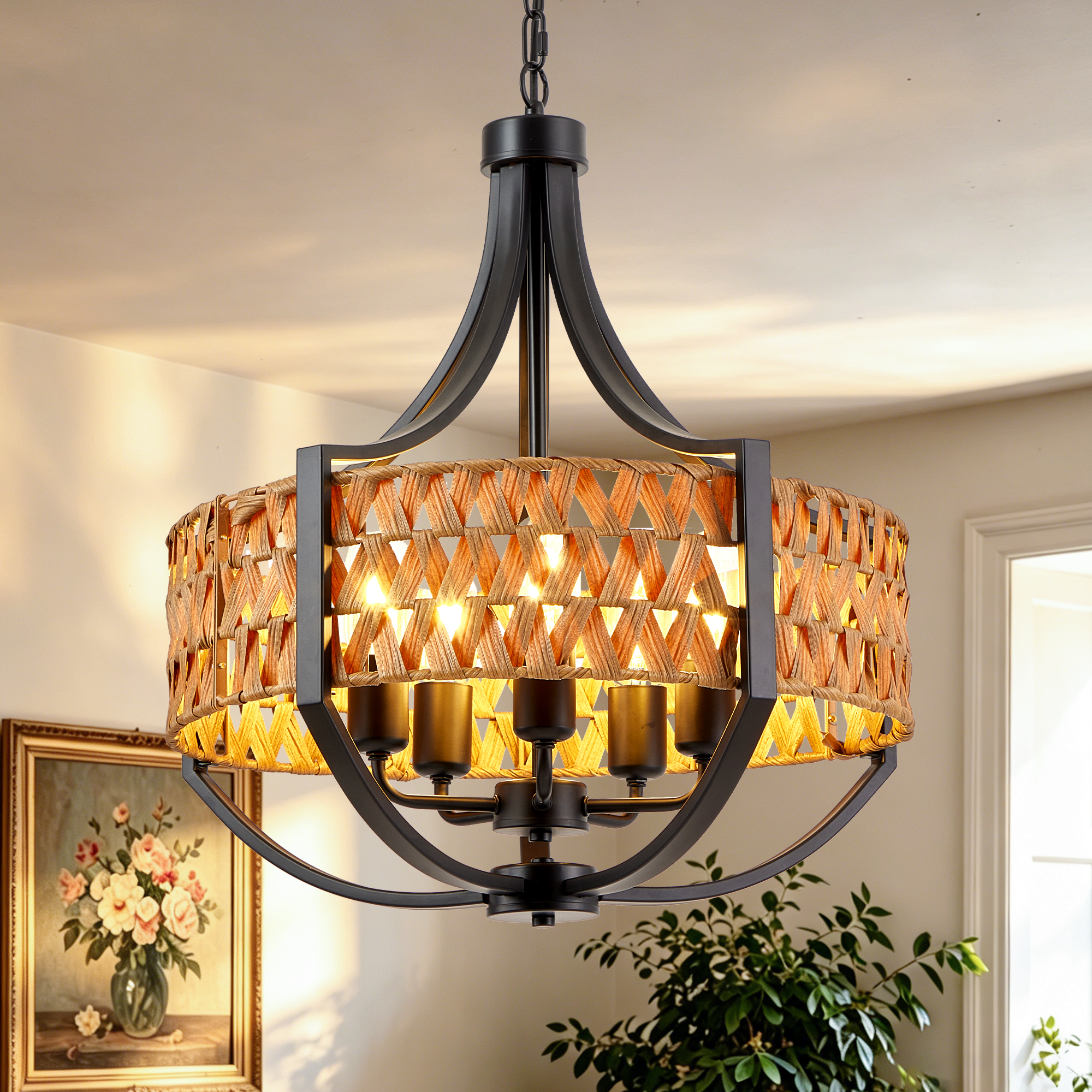 19.7" Rattan Chandelier, 5-Light Boho Chandelier with Natural Woven Reed Shade, Black Farmhouse Hanging Ceiling Light Pendant Light for Dining Room, Living Room, Foyer, Bedroom Hallway photo 1
