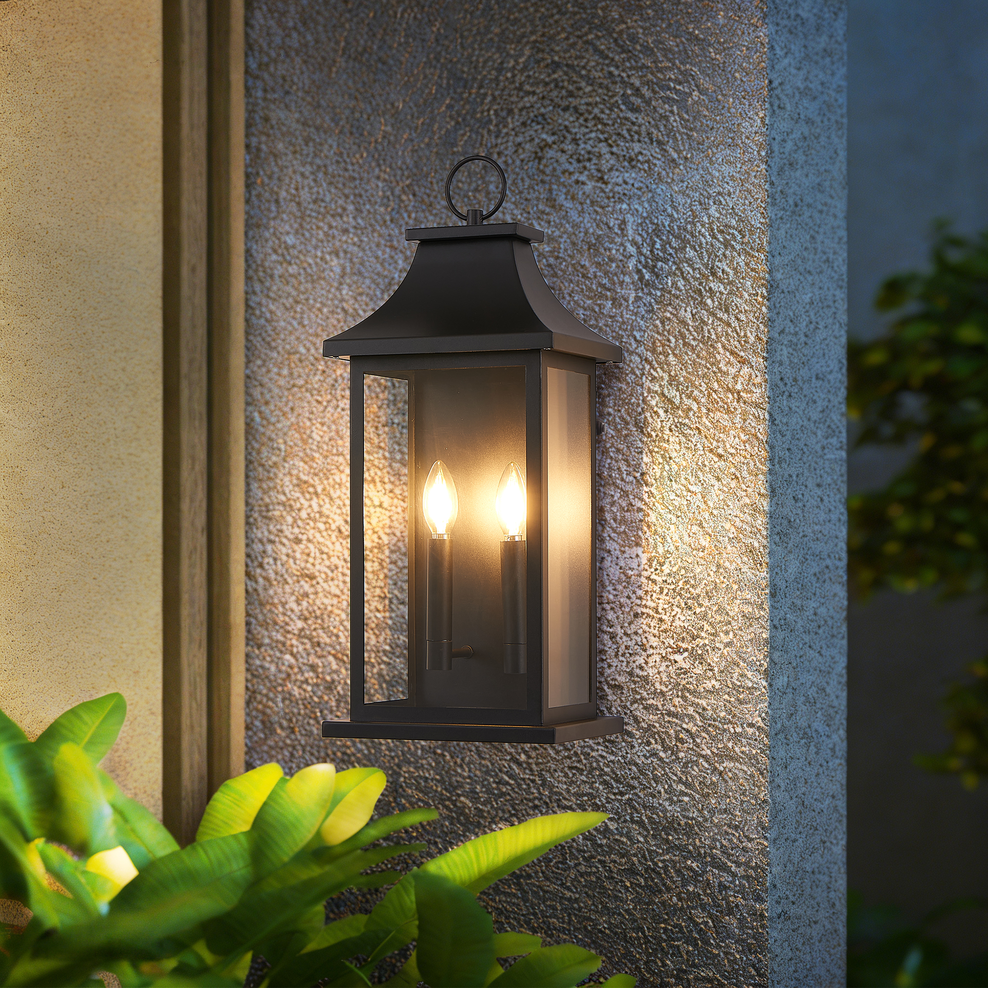 Dusk to Dawn Outdoor Wall Lantern 2-Light, 22.2" Large Outside Wall Sconce, Modern Black Wall Light Fixture with Glass, Waterproof Exterior Lamp for House, Porch, Garage photo 2