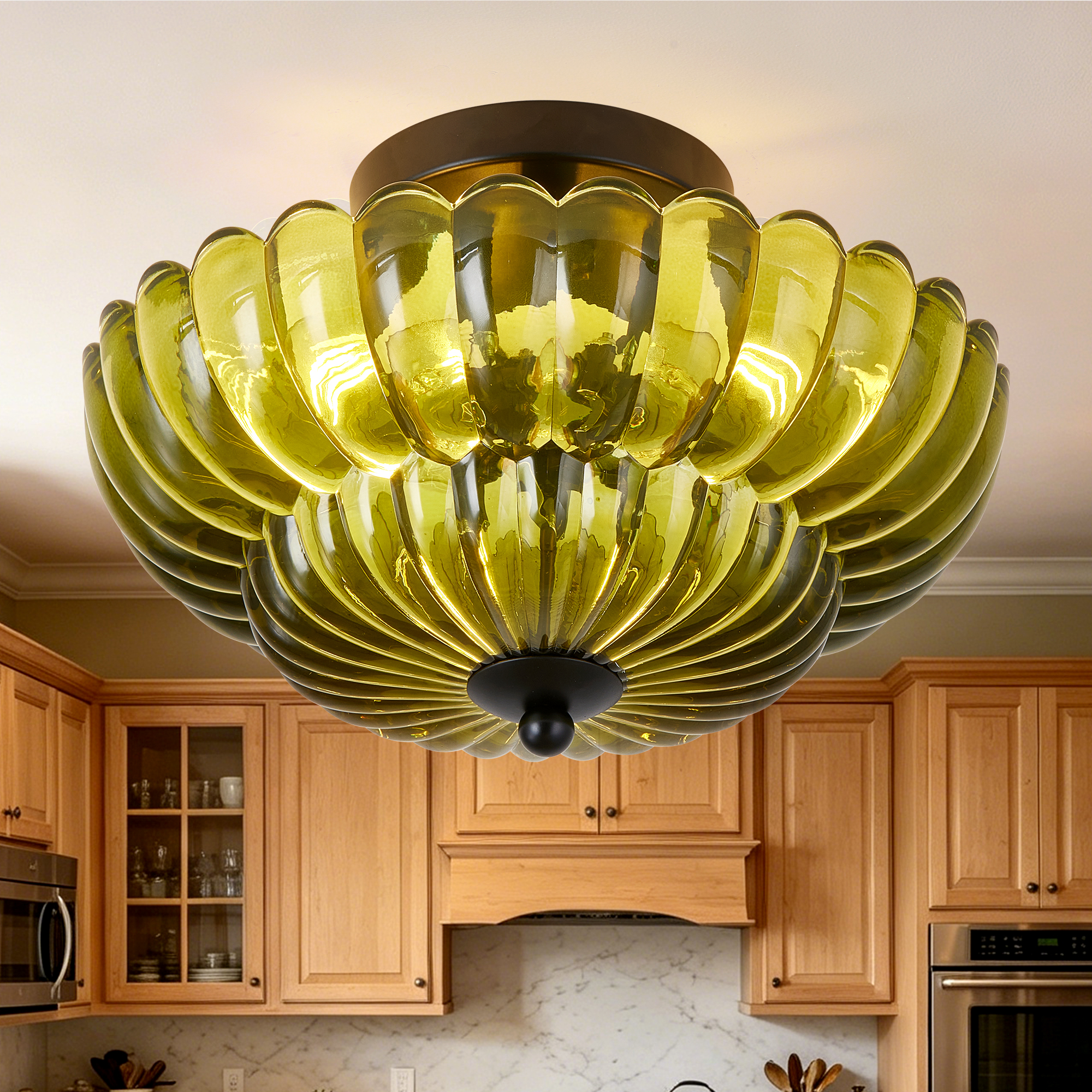 Semi Flush Mount Ceiling Light, Green Glass Ceiling Light Fixture, 3-Bulb Modern Black Close to Ceiling Light, Vintage Glass Ceiling Lights for Bedroom Kitchen Living Room, Bulb Not Included photo 6