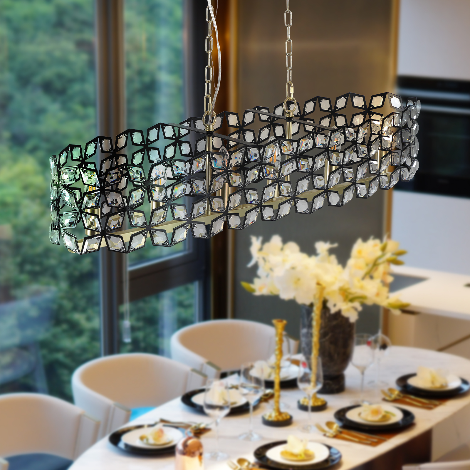 39" Contemporary Crystal and BlackGold Pendant Chandelier – Geometric Modern Light Fixture for Dining Room, Kitchen, or Living Room (Bulb Not Included) photo 3