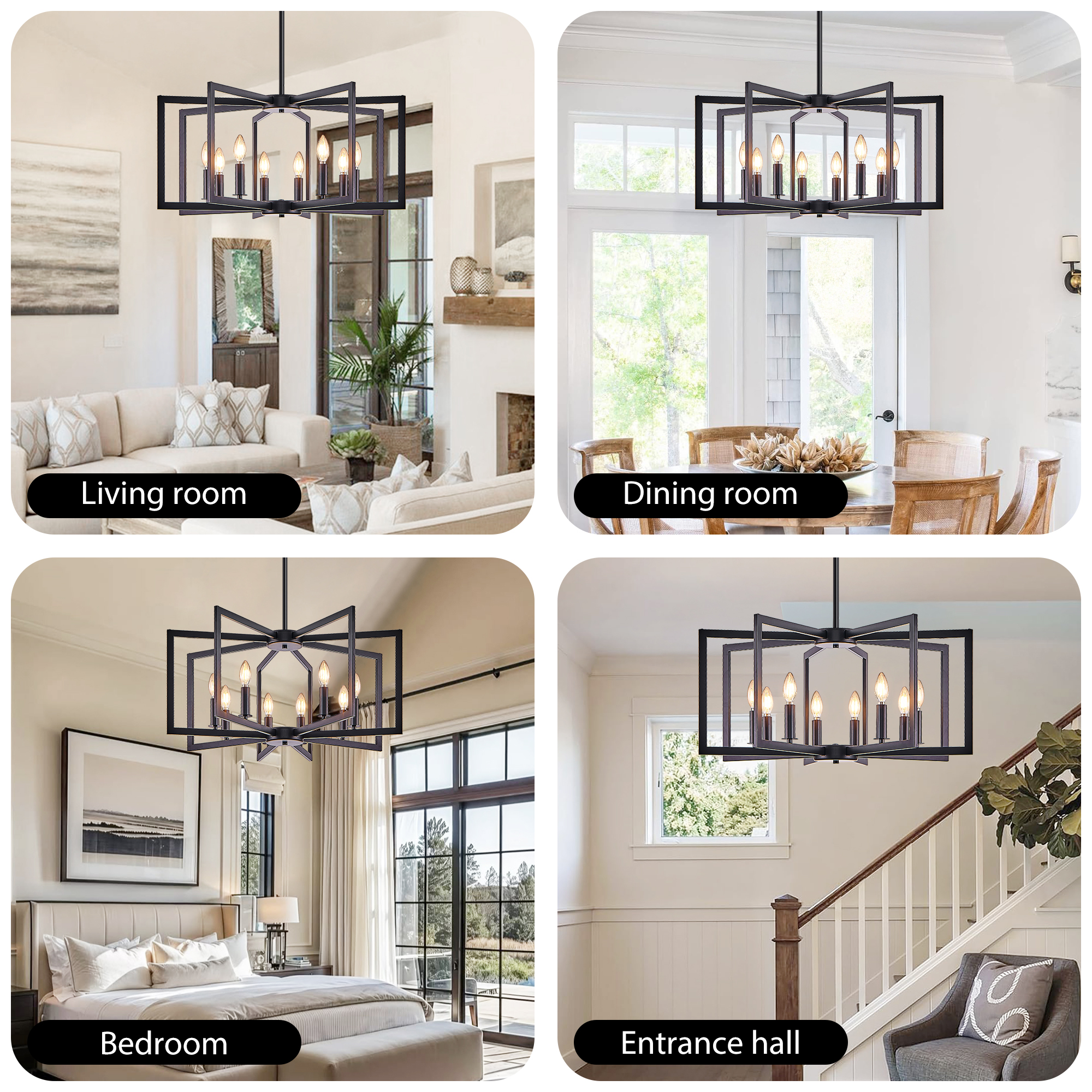 27" Modern Black Geometric 8-Light Chandelier – Industrial Metal Pendant Light Fixture for Living Room, Dining Room, or Kitchen (Bulb Not Included) photo 3