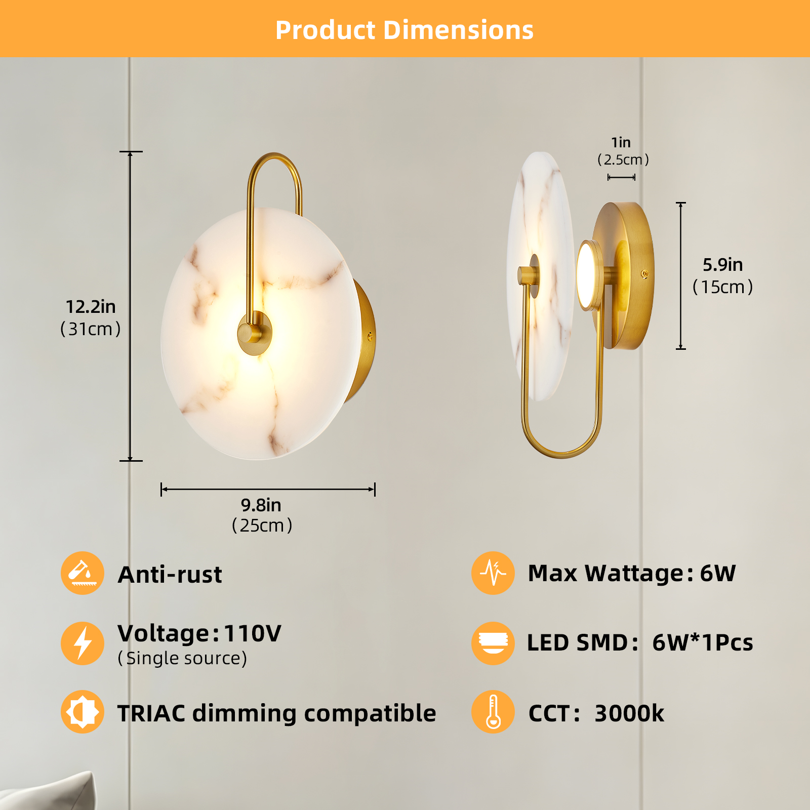 Round Alabaster Wall Sconce, Natural Marble Lampshade Wall Sconce, Hardwired Circular Sconce LED Modern Wall Lamp for Bedroom, Stairs, Living Room, Bedside, Hallway 9.8 Inch Gold photo 7