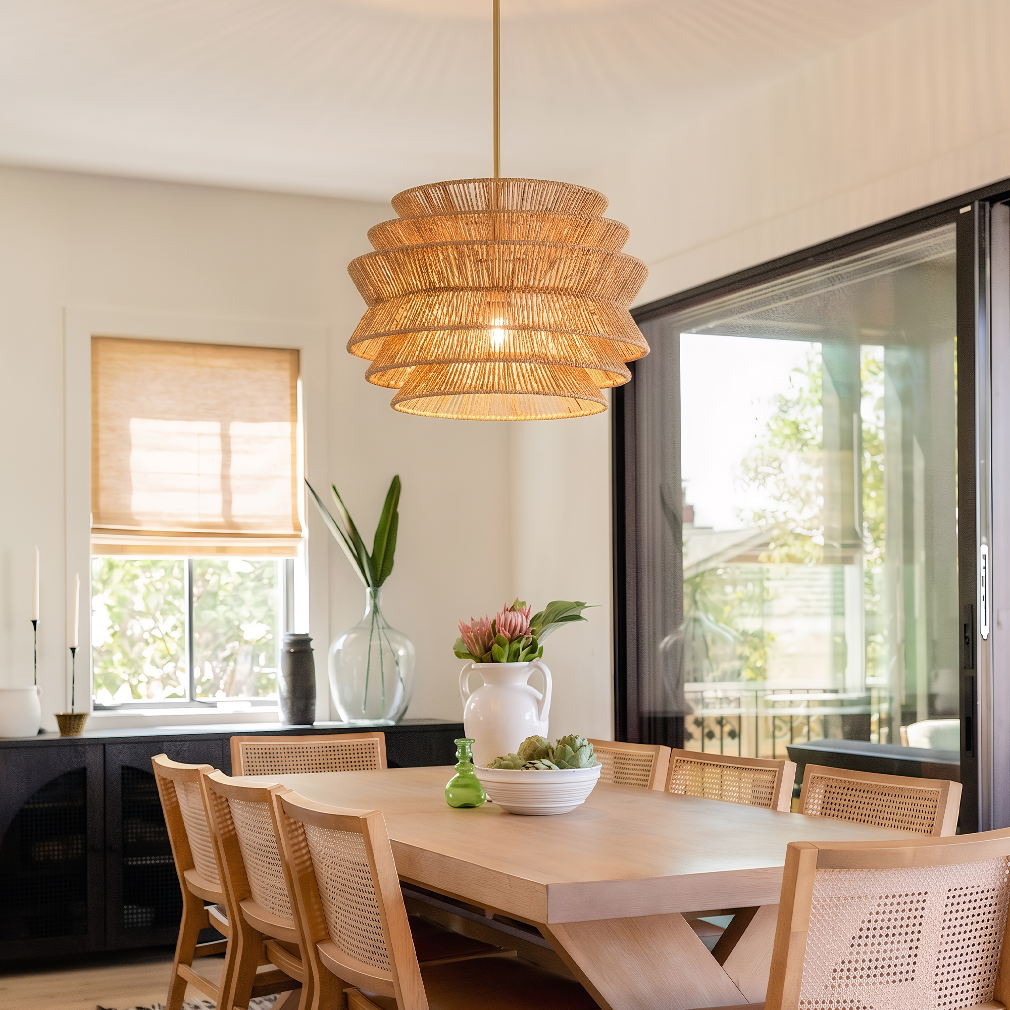 17.3" Rattan Pendant Light,Hand-Woven Rustic Wicker Hanging Light Seagrass Ceiling Chandelier,Water Plants Rattan Chandelier for Dining Living Bedroom Kitchen Farmhouse photo 5