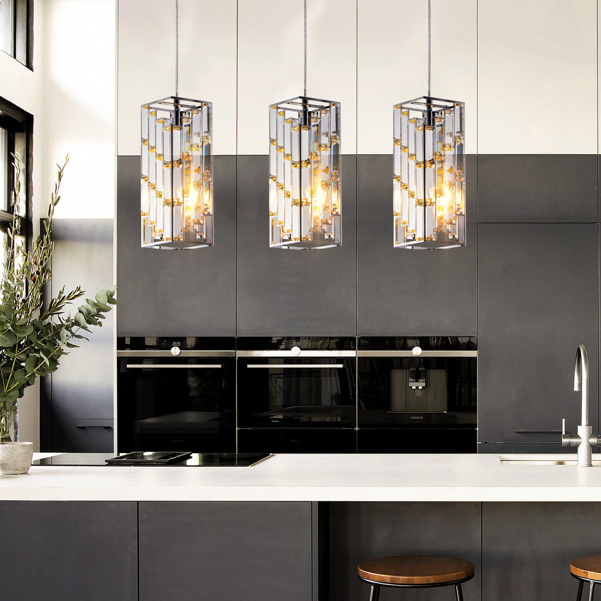 4" Modern Crystal Pendant Light - 3 Pack, Adjustable Hanging Ceiling Lamp with Crystal Prism Design for Dining Room, Kitchen Island, and Living Room -Chrome Finish photo 4