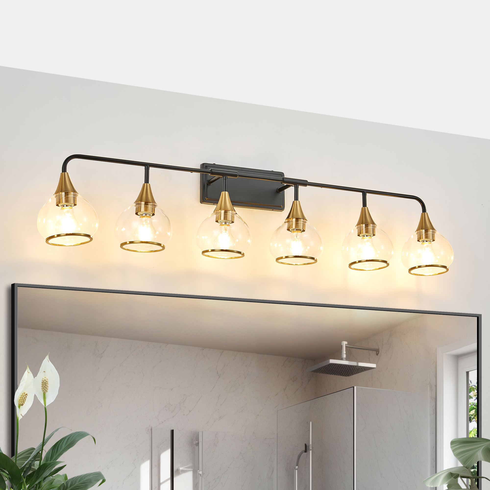 48" Modern 6-Light Vanity Wall Sconce - Black and Gold Bathroom Light Fixture with Clear Glass Shades, Industrial Wall Mounted Lamp for Mirror, Vanity, and Living Spaces (Bulb Not Included) photo 1