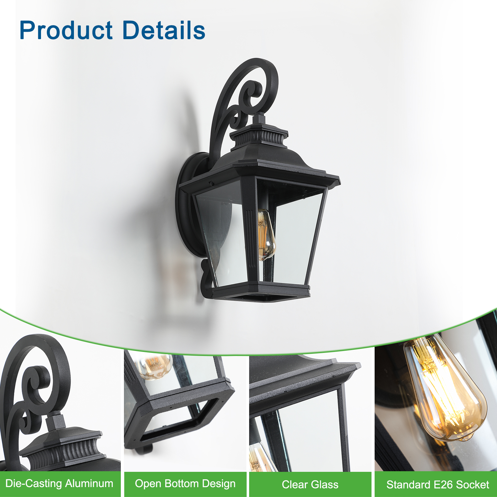 21"(H) 1-Pack Outdoor Wall Lantern Light – Vintage Black Metal & Clear Glass Sconce with Decorative Scroll Design for Porch, Patio, and Garden Lighting (Bulb Not Included) photo 6