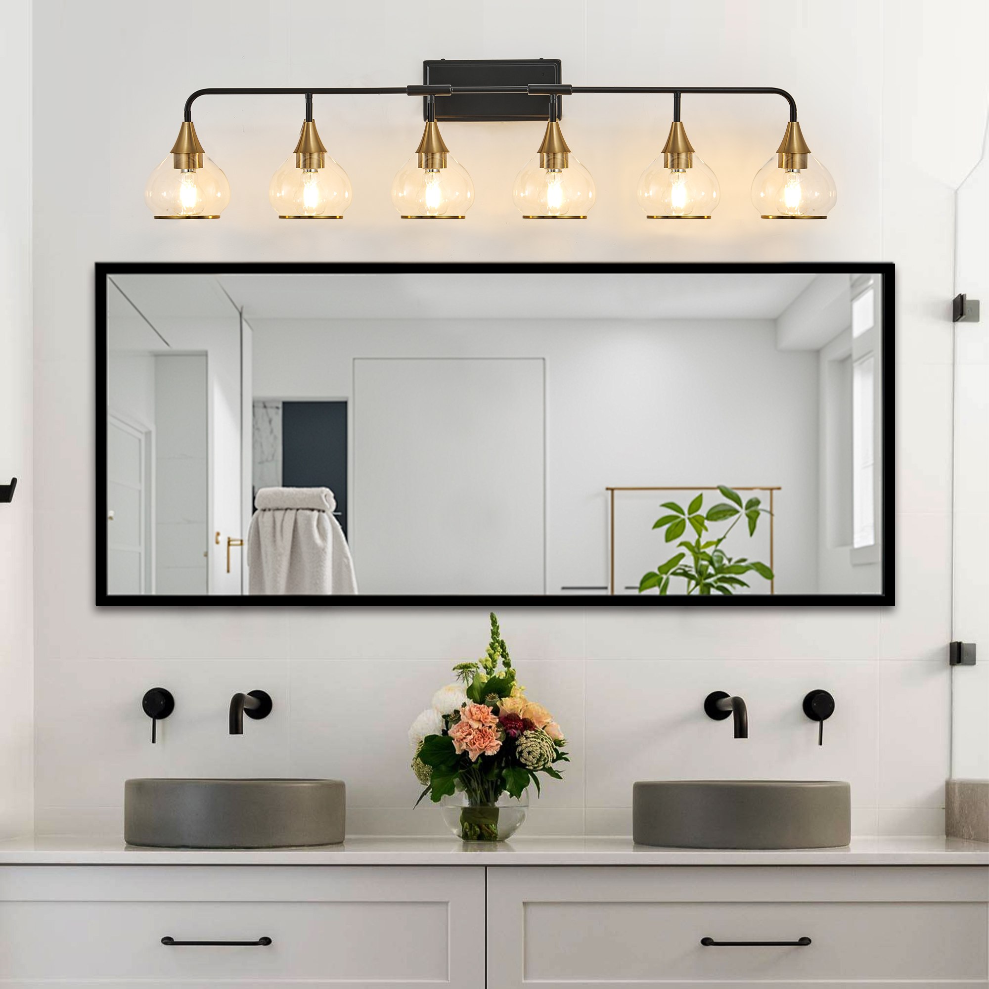 48" Modern 6-Light Vanity Wall Sconce - Black and Gold Bathroom Light Fixture with Clear Glass Shades, Industrial Wall Mounted Lamp for Mirror, Vanity, and Living Spaces (Bulb Not Included) photo 2