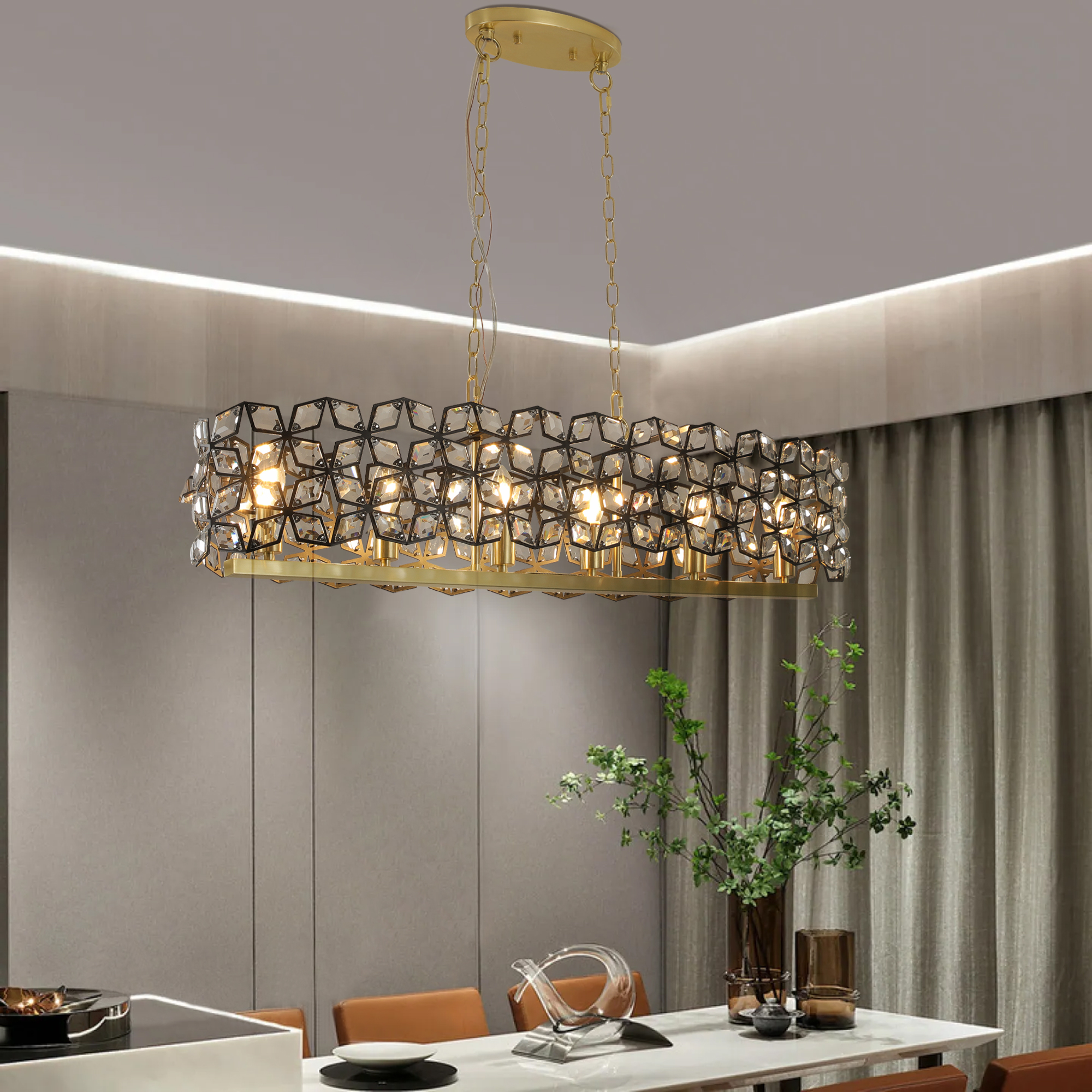 39" Contemporary Crystal and BlackGold Pendant Chandelier – Geometric Modern Light Fixture for Dining Room, Kitchen, or Living Room (Bulb Not Included) photo 1
